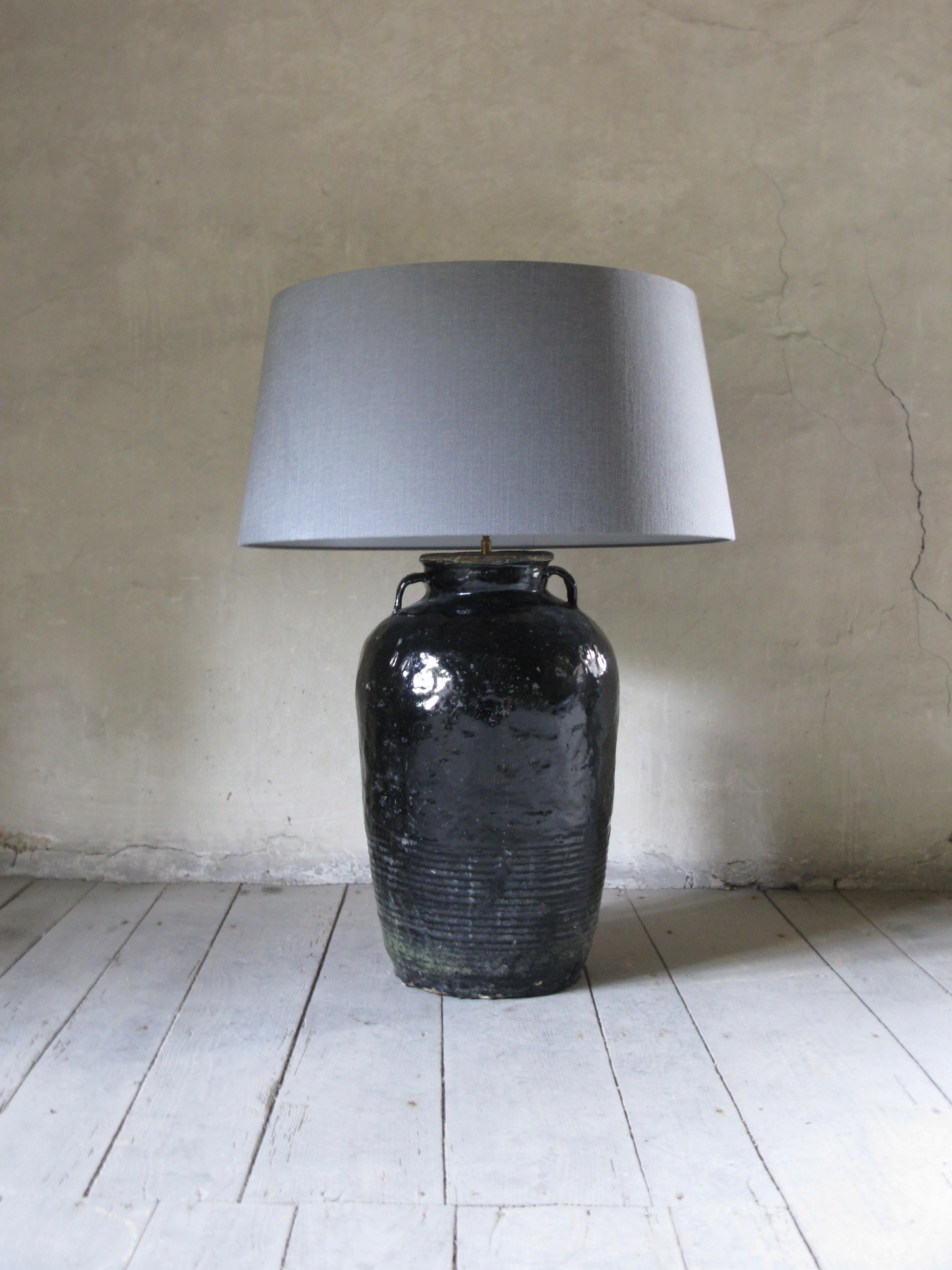 Organic Modern Antique, Glazed Lamp, Lamp with Linen Shade, Black Glazed Lamp, Antique Lamp For Sale