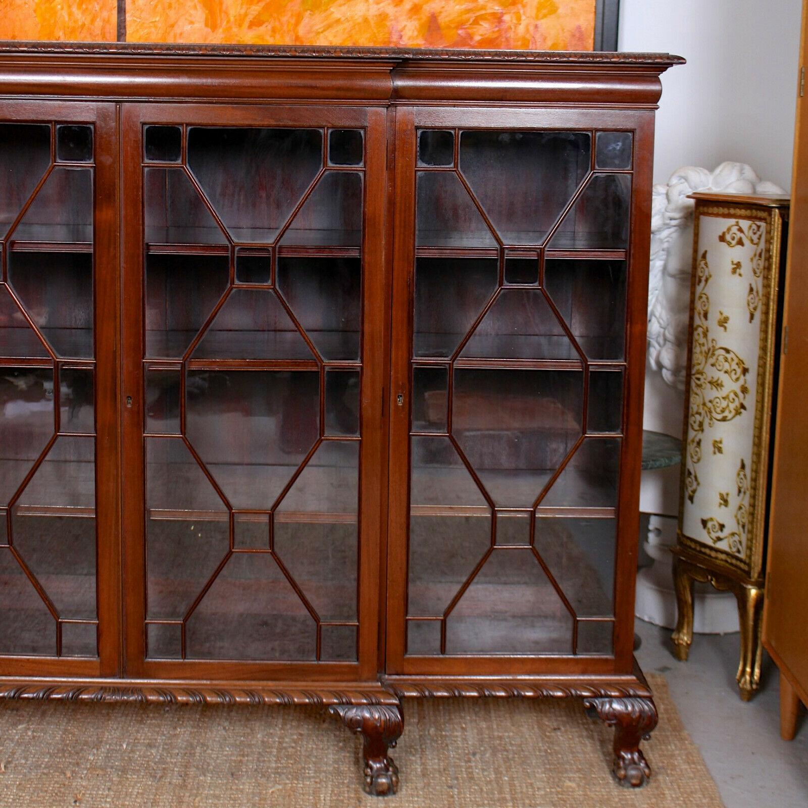 Antique Glazed Library Breakfront Bookcase Carved Mahogany Astragal Edwardian In Good Condition In Newcastle upon Tyne, GB