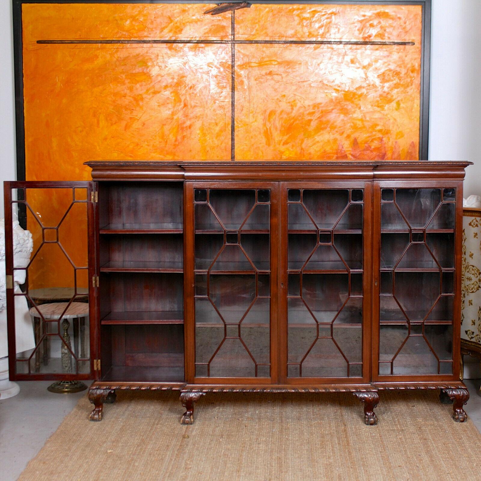 20th Century Antique Glazed Library Breakfront Bookcase Carved Mahogany Astragal Edwardian