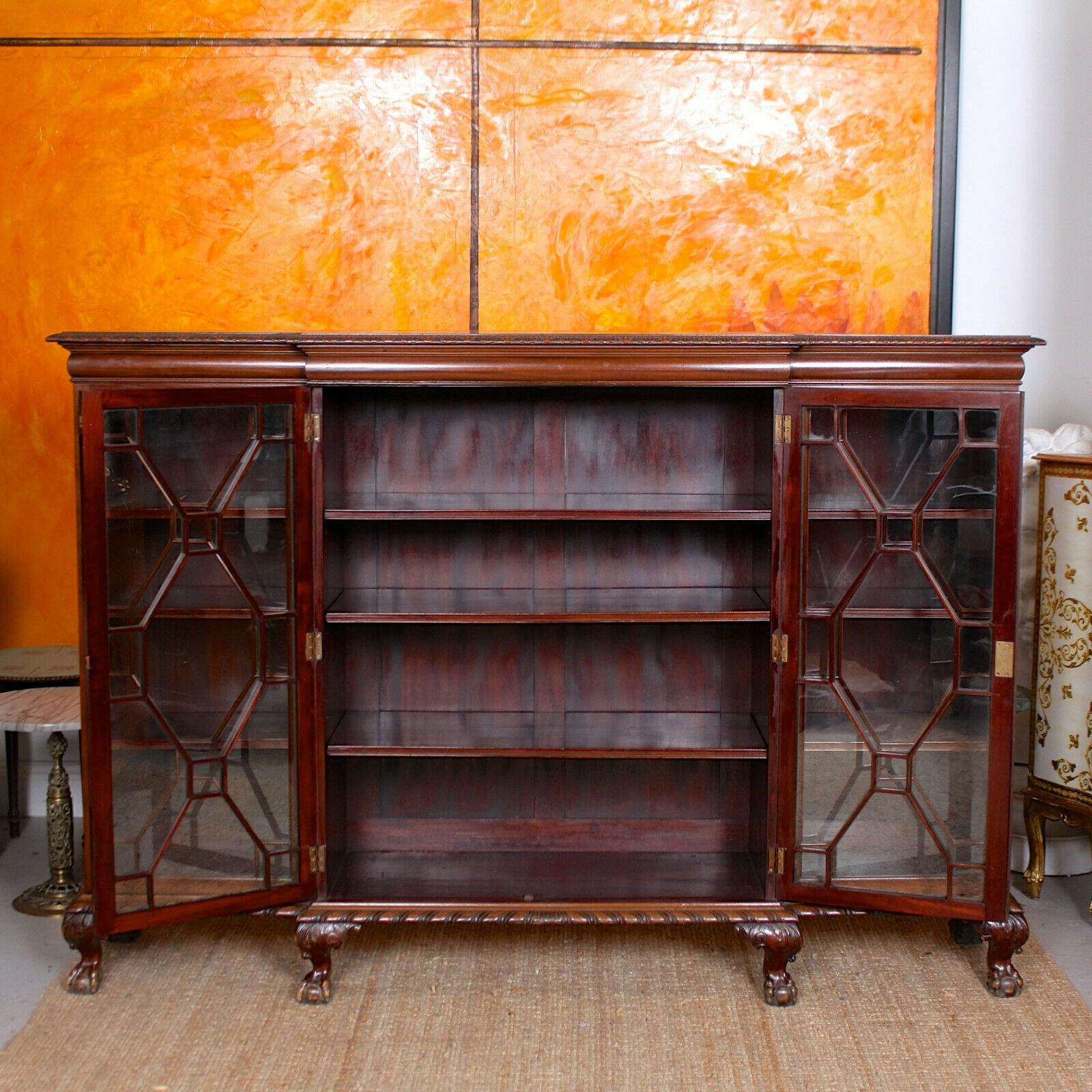 Antique Glazed Library Breakfront Bookcase Carved Mahogany Astragal Edwardian 1