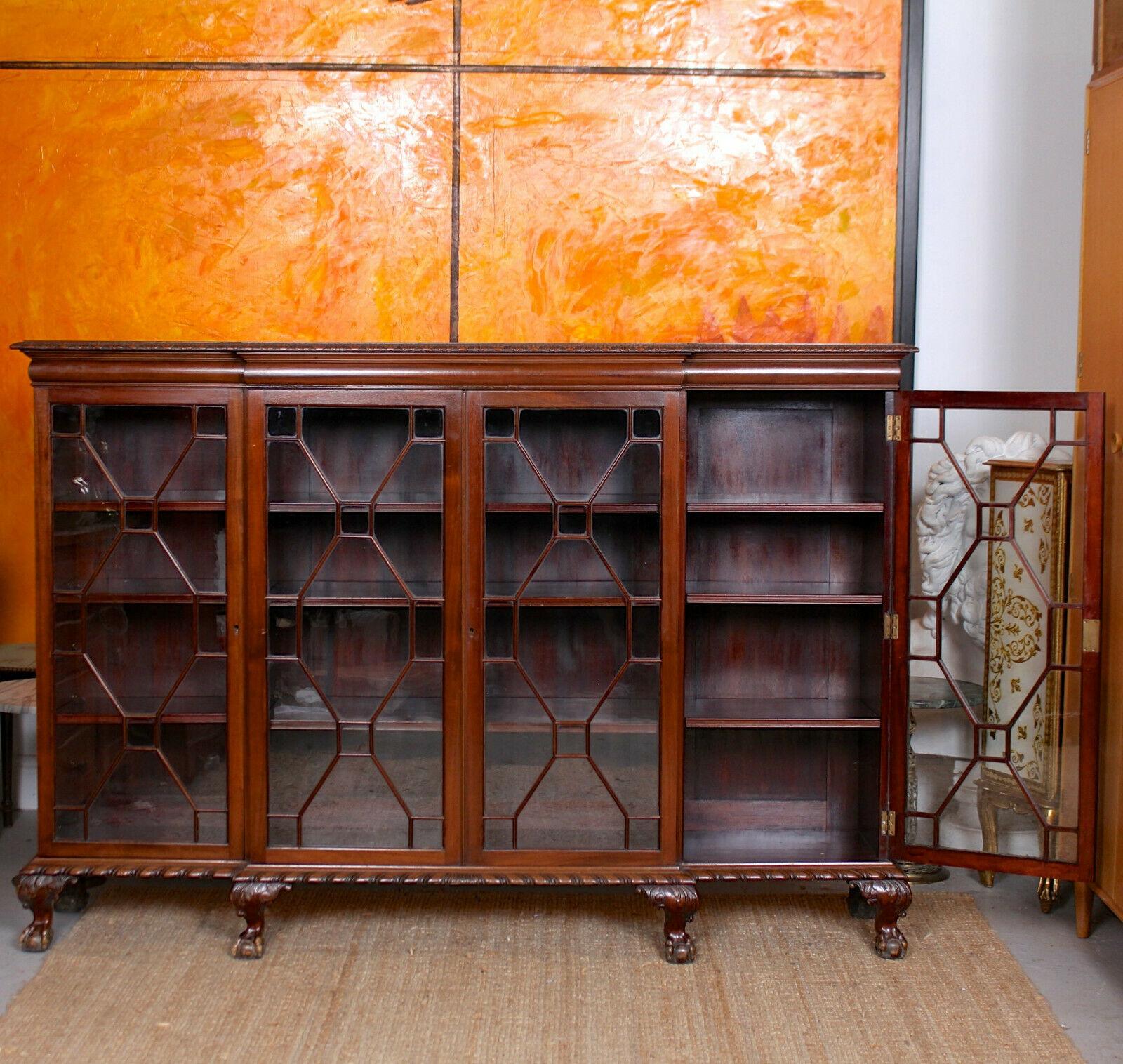 Antique Glazed Library Breakfront Bookcase Carved Mahogany Astragal Edwardian 2