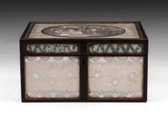 Sewing Box Antique Glazed Reverse Mirror Naively Decorated, 19th Century