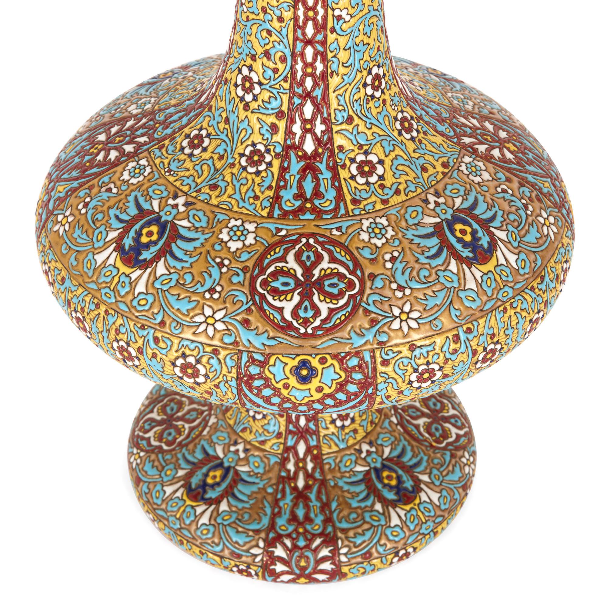 Islamic Antique Glazed Terracotta Bottle Vase by Massier For Sale