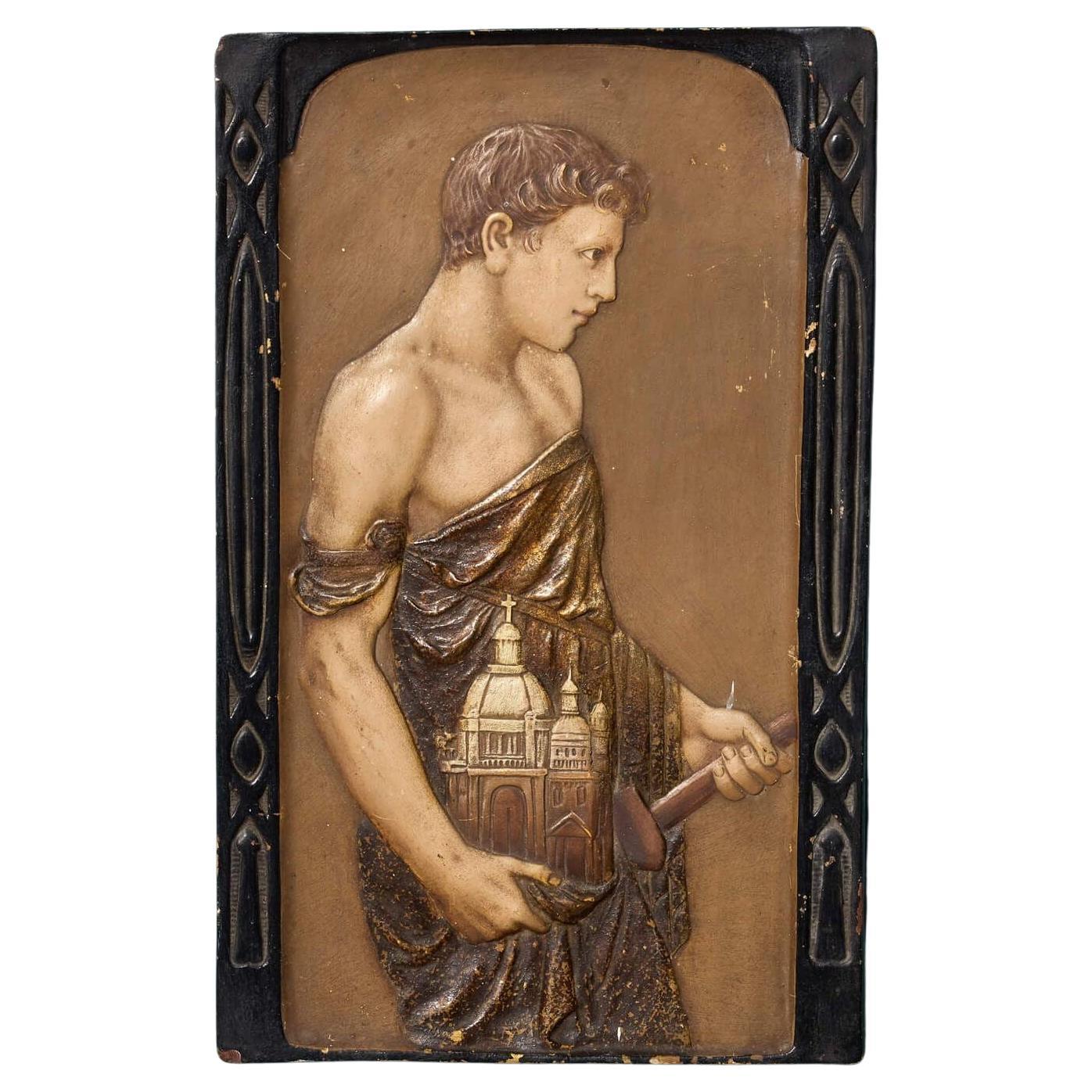 Antique Glazed Terracotta Panel of an Architect For Sale