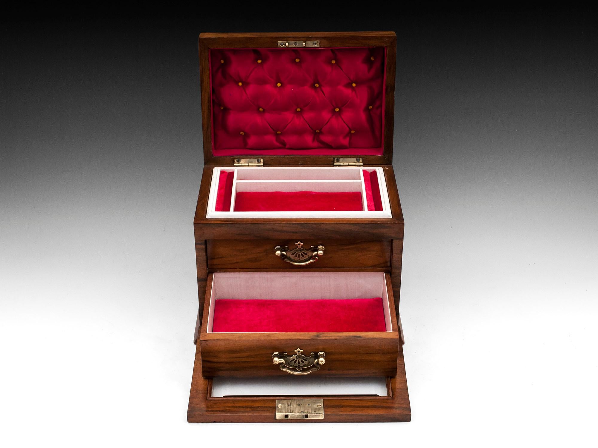 Antique Glazed Walnut Brass Silk Velvet Lined Jewelry Box, 20th Century 4