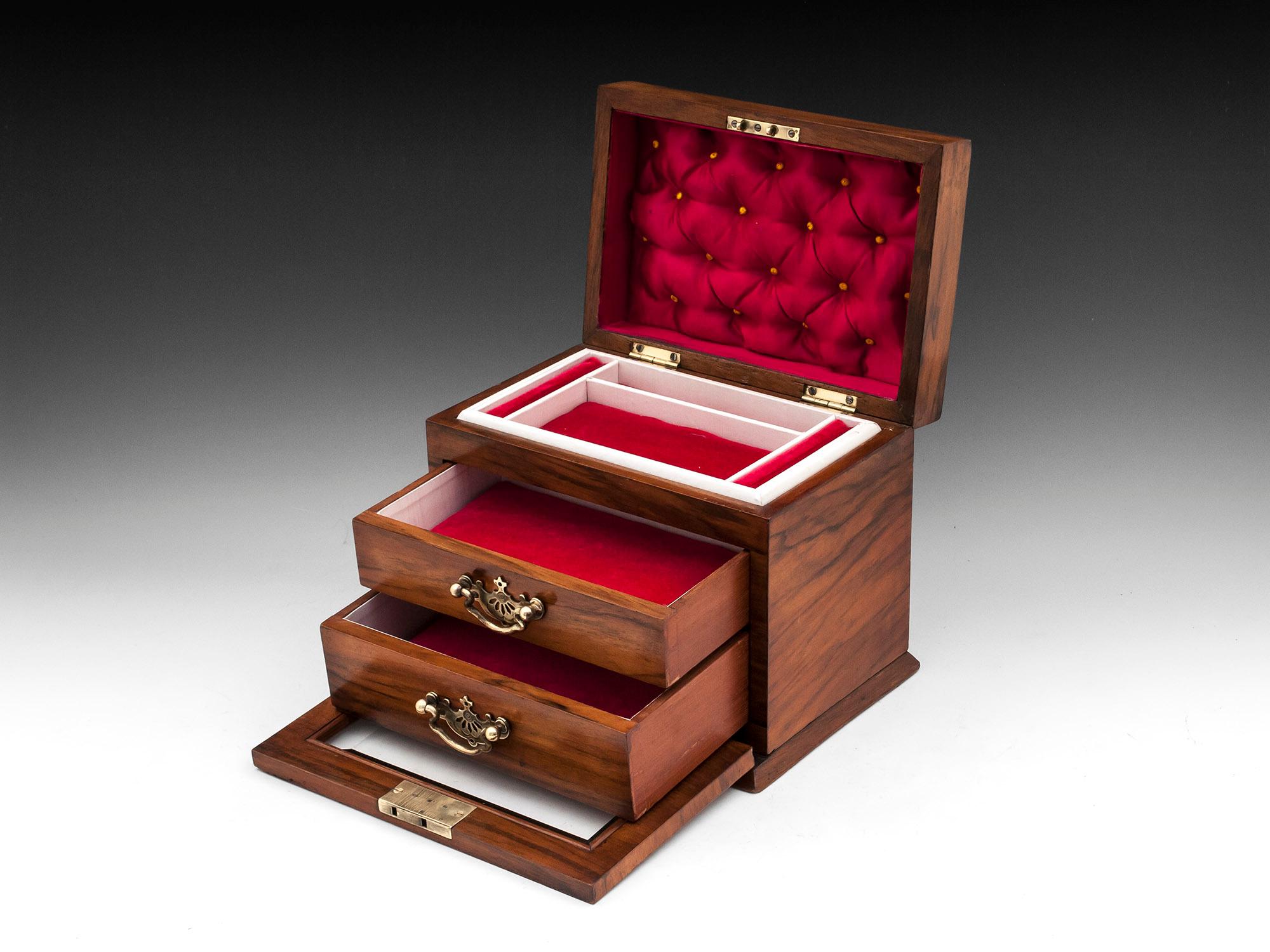 Antique Glazed Walnut Brass Silk Velvet Lined Jewelry Box, 20th Century 5
