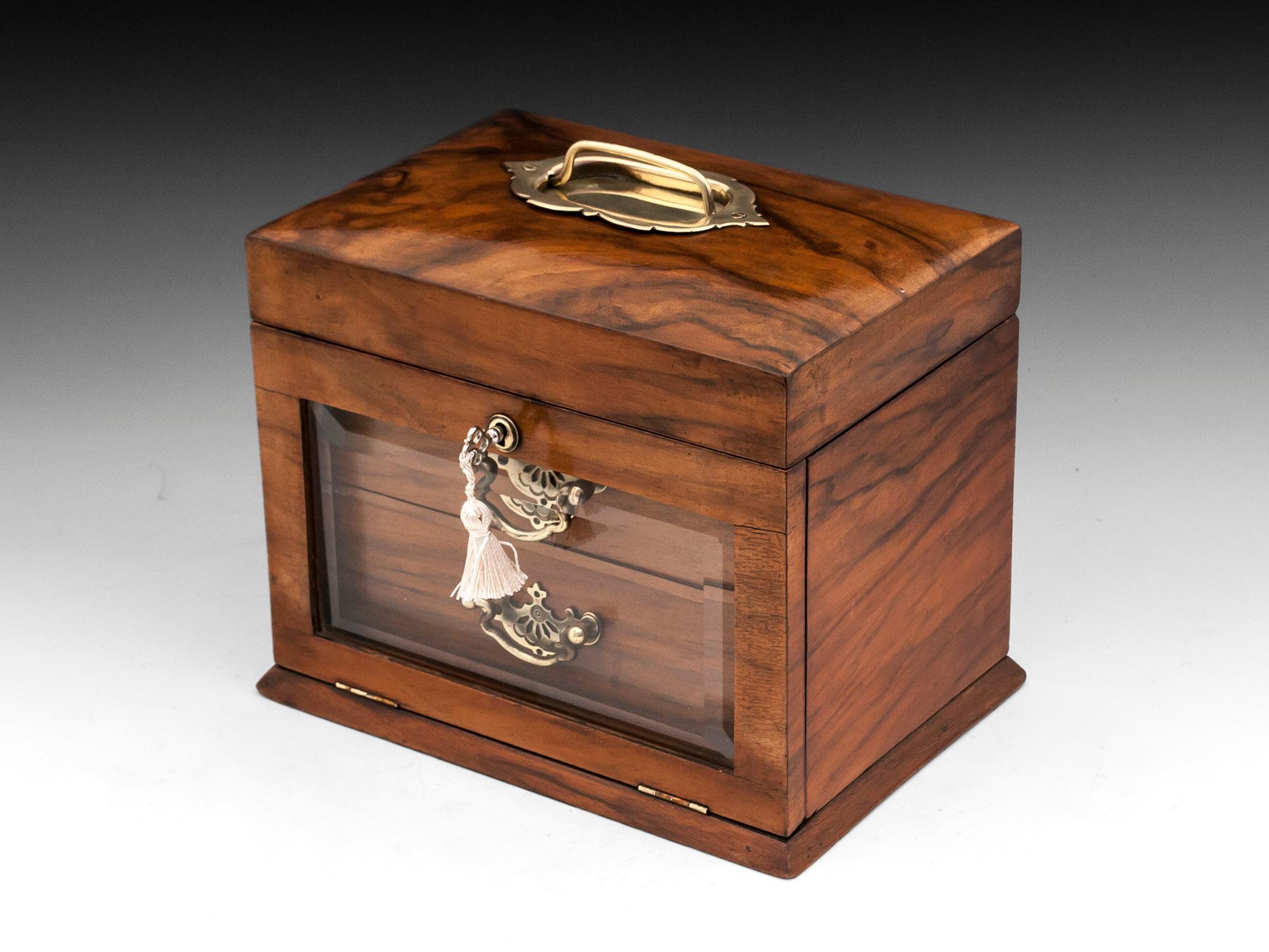 Antique Glazed Walnut Brass Silk Velvet Lined Jewelry Box, 20th Century 6