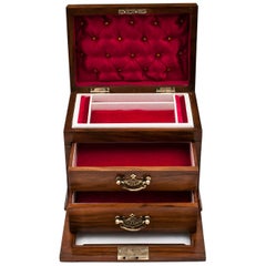 Antique Glazed Walnut Brass Silk Velvet Lined Jewelry Box, 20th Century