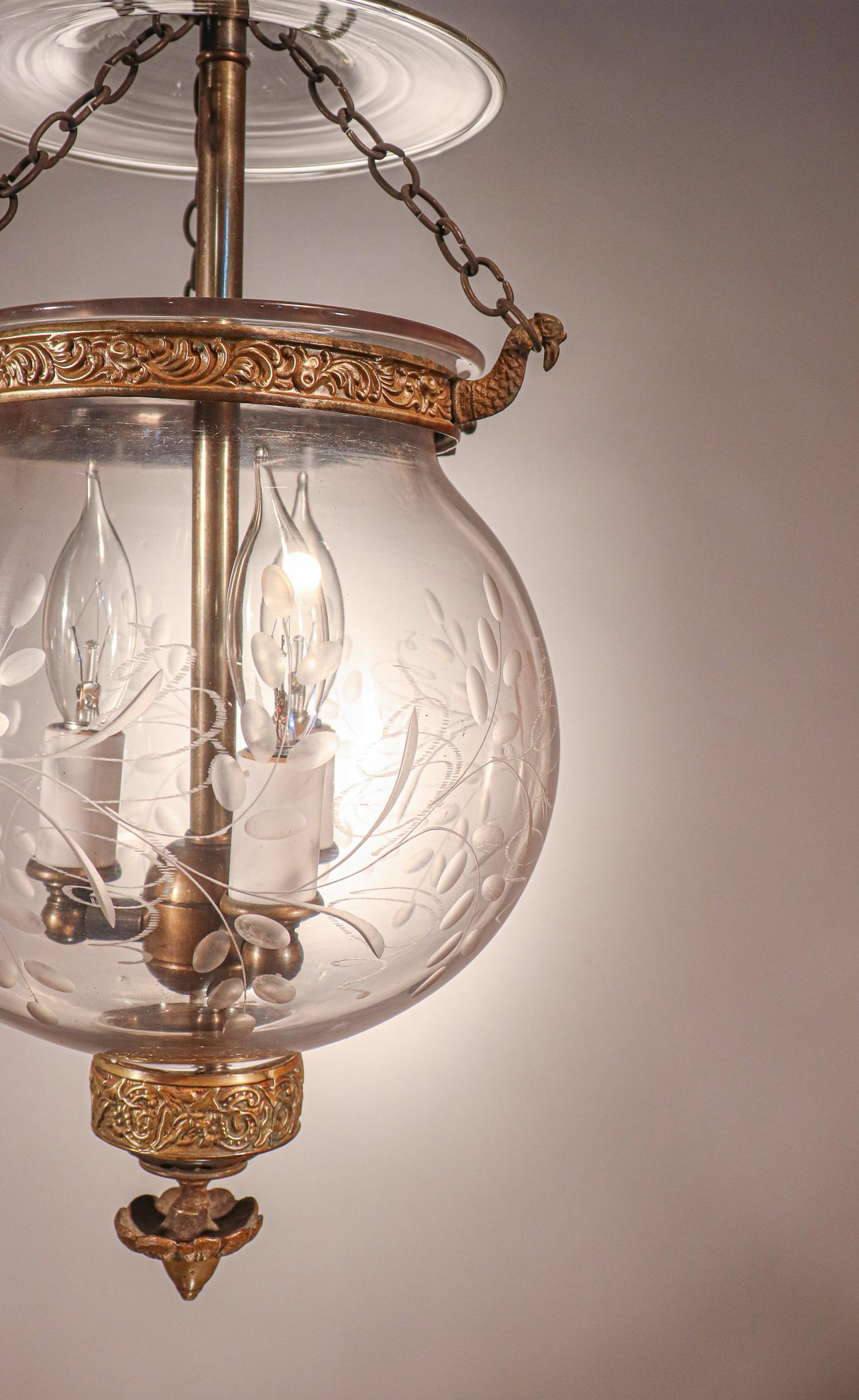 High Victorian Antique Globe Bell Jar Lantern with Vine Etching