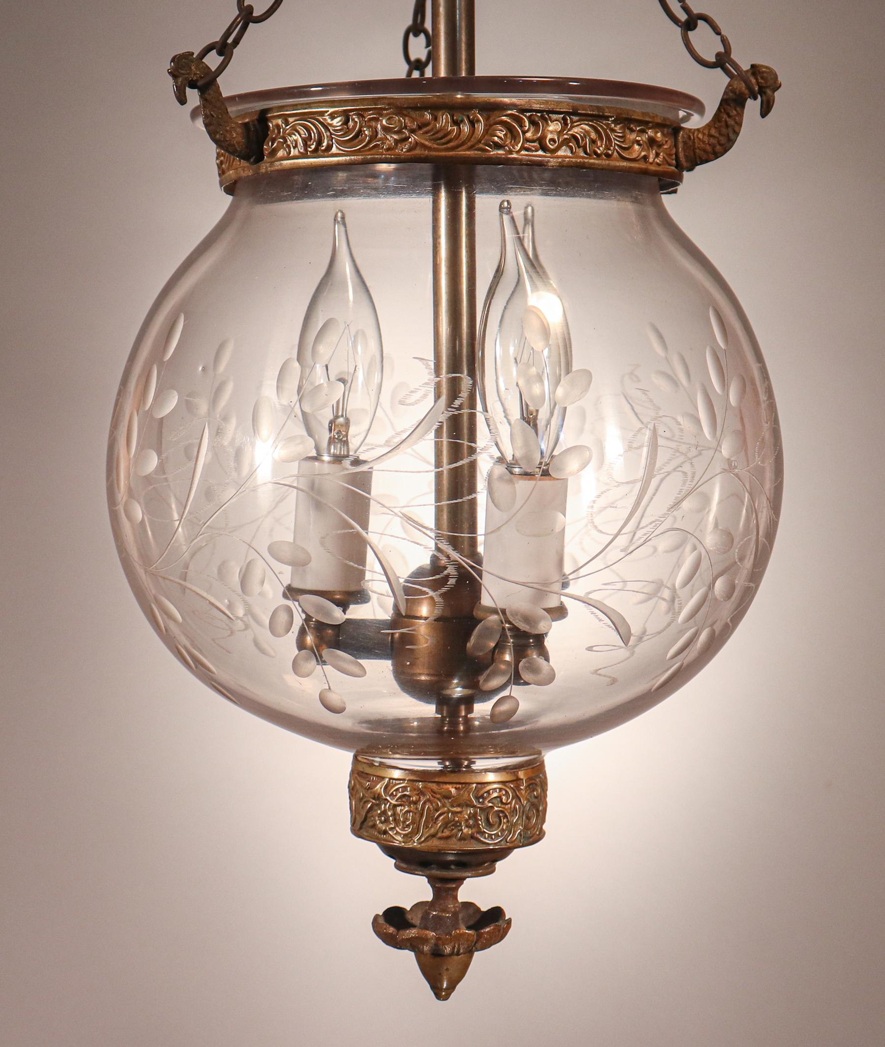 English Antique Globe Bell Jar Lantern with Vine Etching