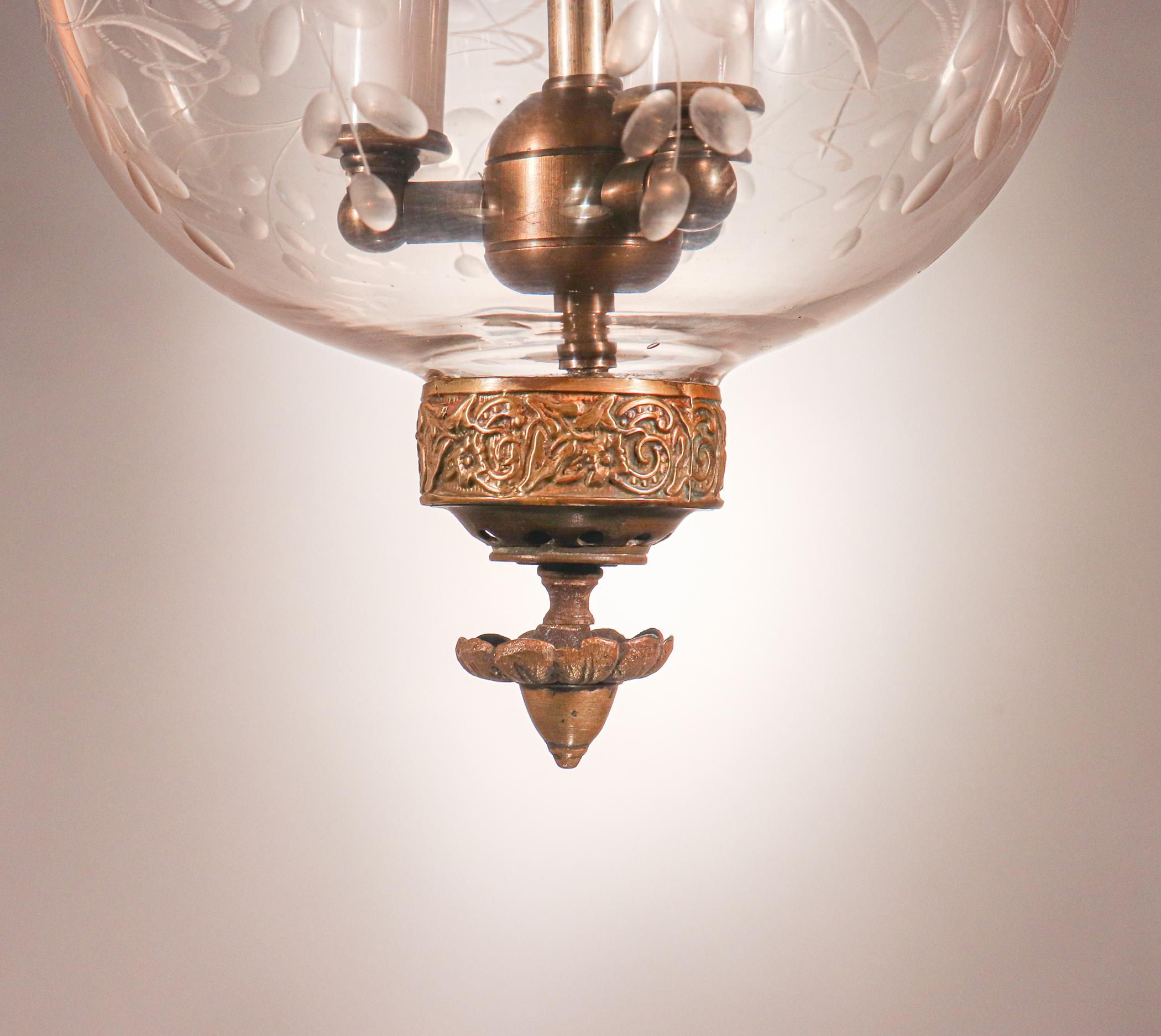 19th Century Antique Globe Bell Jar Lantern with Vine Etching