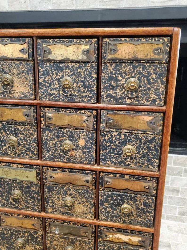 Wood Antique American Globe Wernicke Apothecary 18 Drawer Library Card Catalog Chest