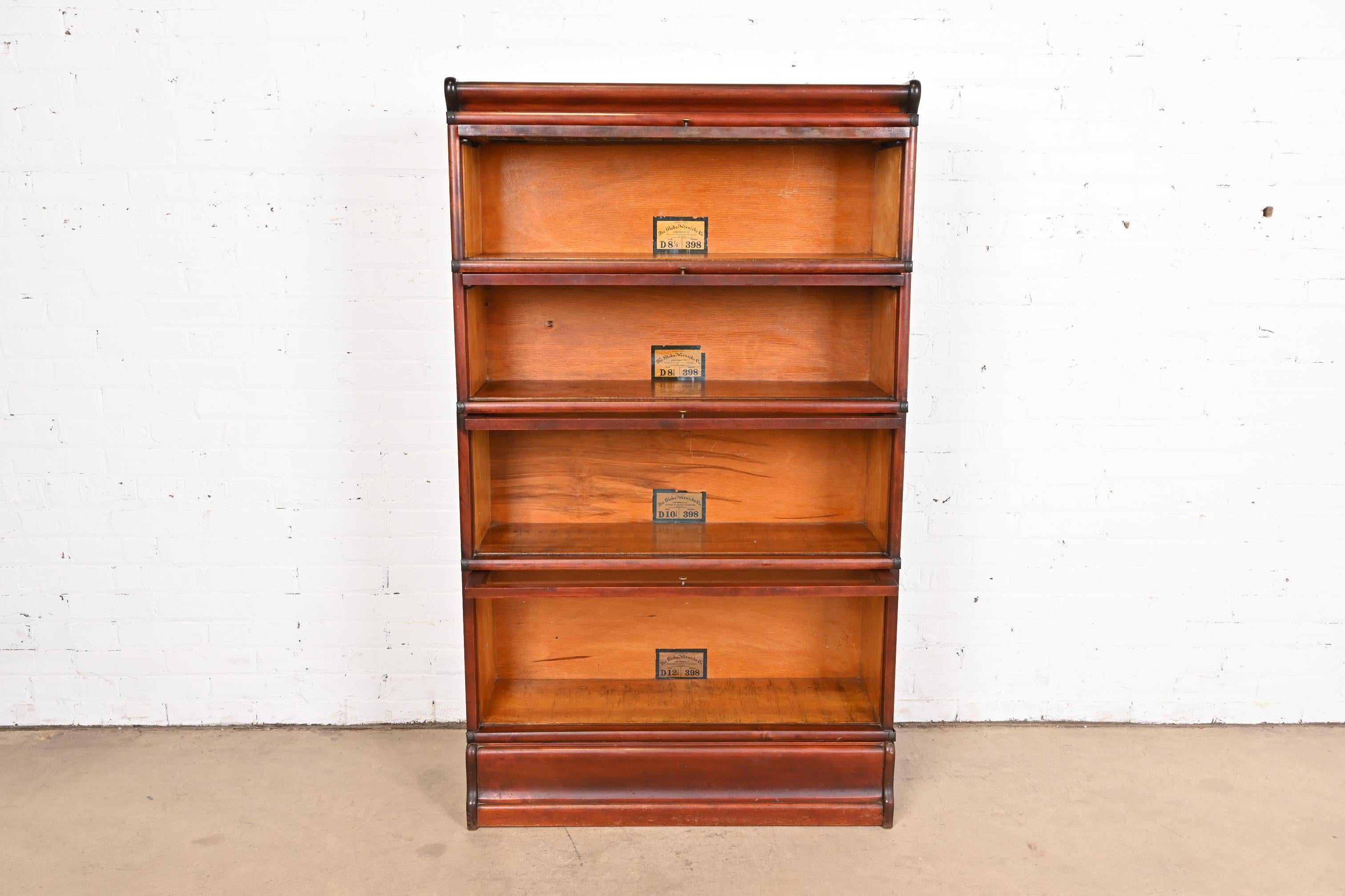 Antique Globe Wernicke Arts & Crafts Mahogany Four-Stack Barrister Bookcase In Good Condition For Sale In South Bend, IN
