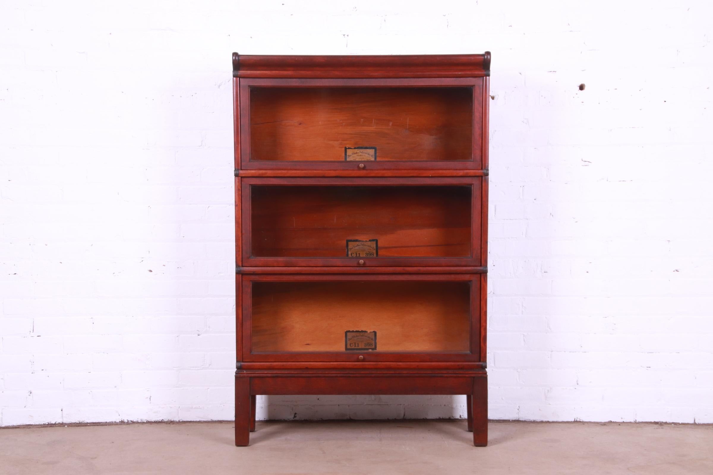 Brass Antique Globe Wernicke Arts & Crafts Mahogany Three-Stack Barrister Bookcase