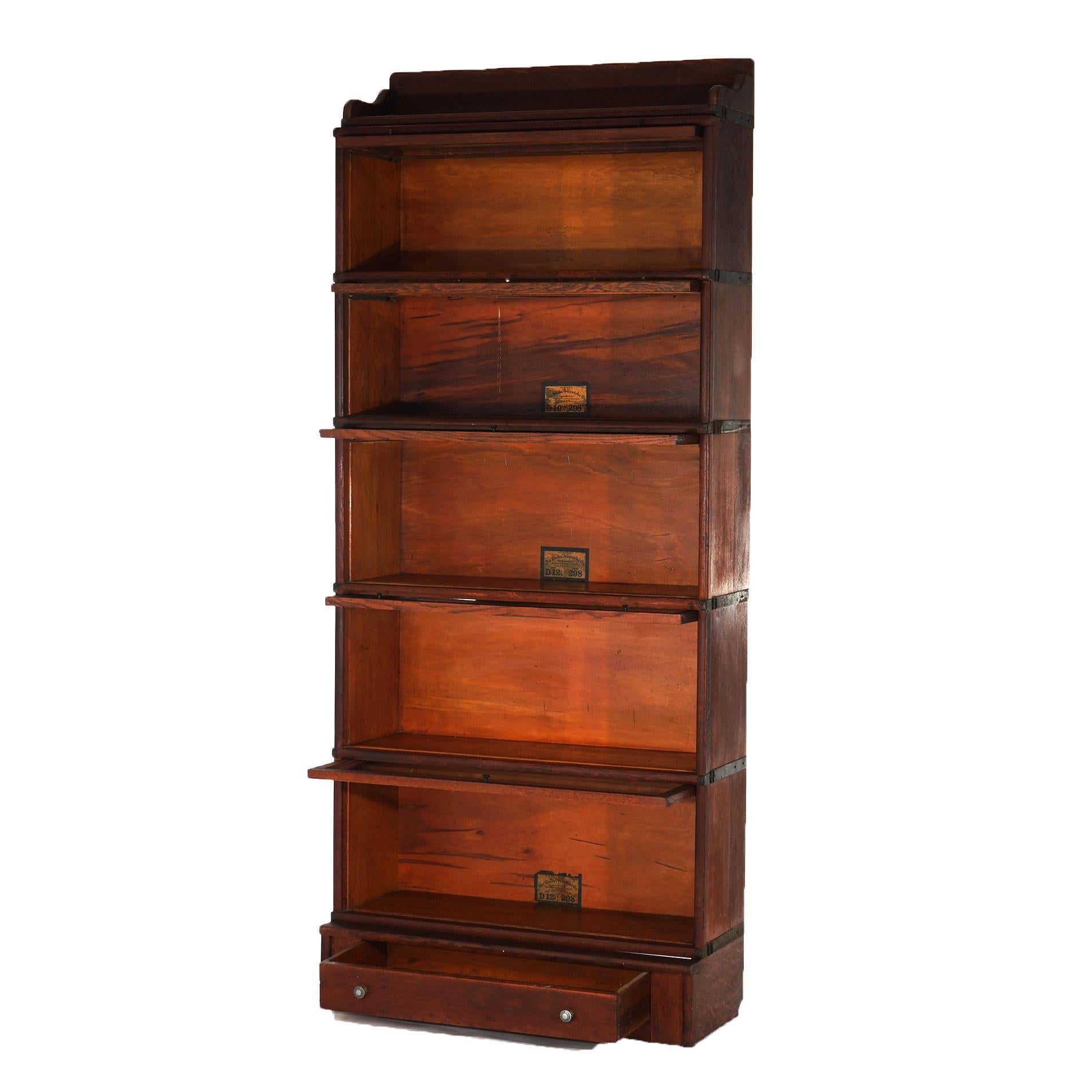 ***Ask About Reduced In-House Delivery Rates - Reliable Professional Service & Fully Insured***

Antique Globe Wernicke Arts & Crafts Oak Five-Stack Barrister Bookcase with Upper Gallery and Lower Drawer, C1920

Measures- 80.75''H x 34''W x 13.5''D;