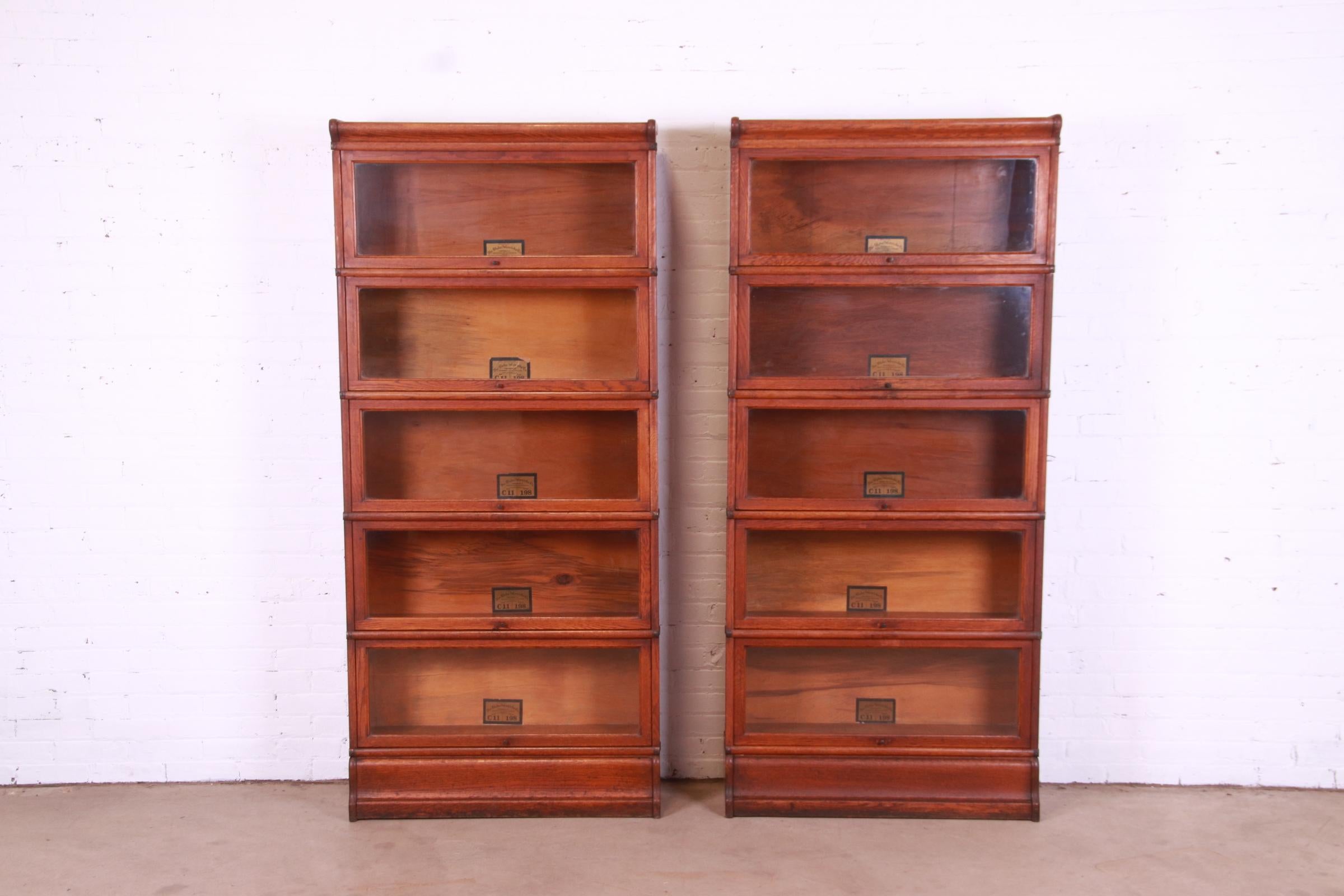 Arts and Crafts Antique Globe Wernicke Arts & Crafts Oak Five-Stack Barrister Bookcases, Pair