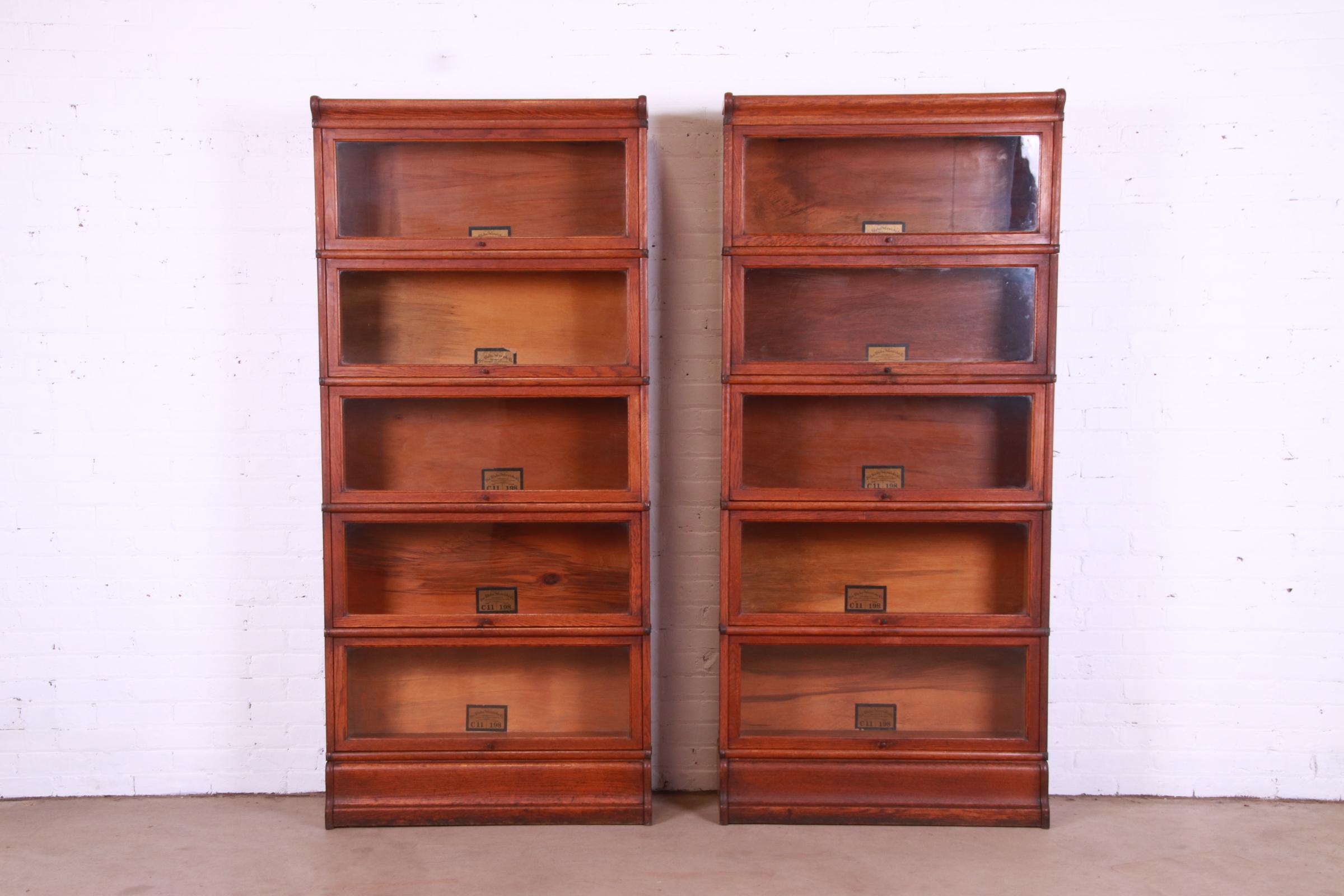 20th Century Antique Globe Wernicke Arts & Crafts Oak Five-Stack Barrister Bookcases, Pair