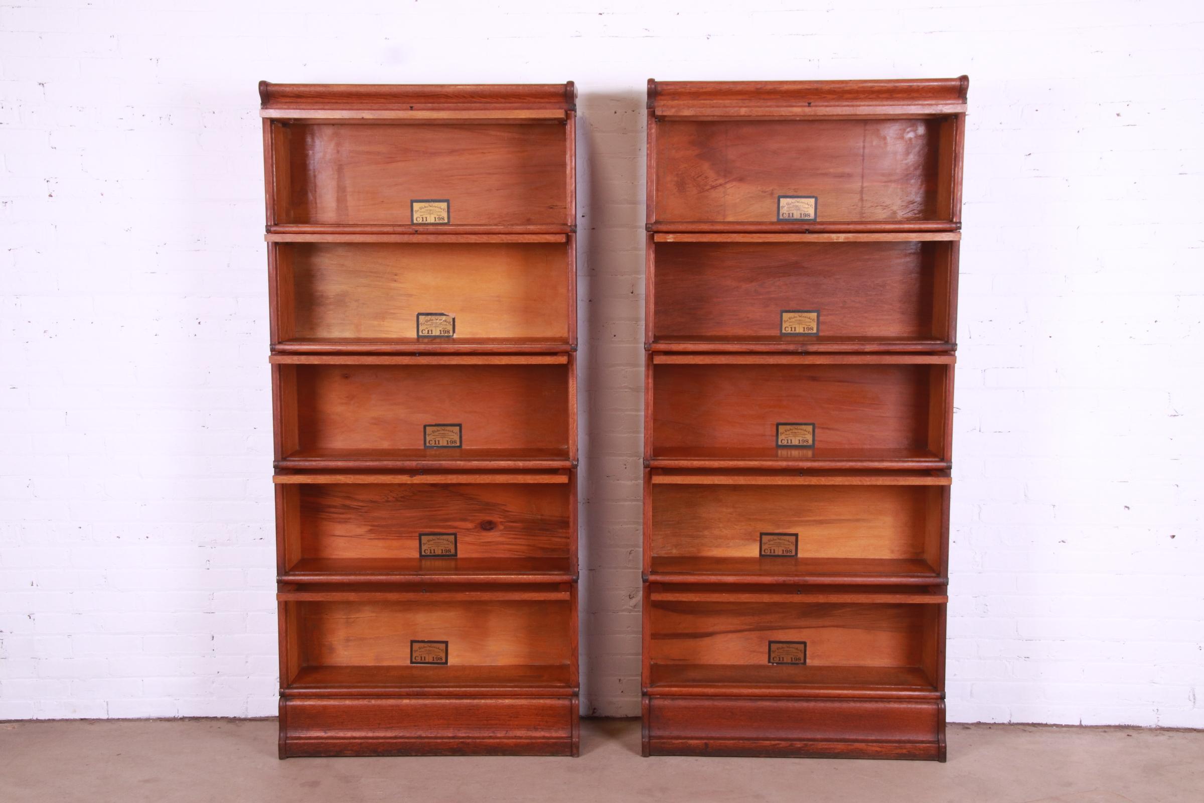 Brass Antique Globe Wernicke Arts & Crafts Oak Five-Stack Barrister Bookcases, Pair