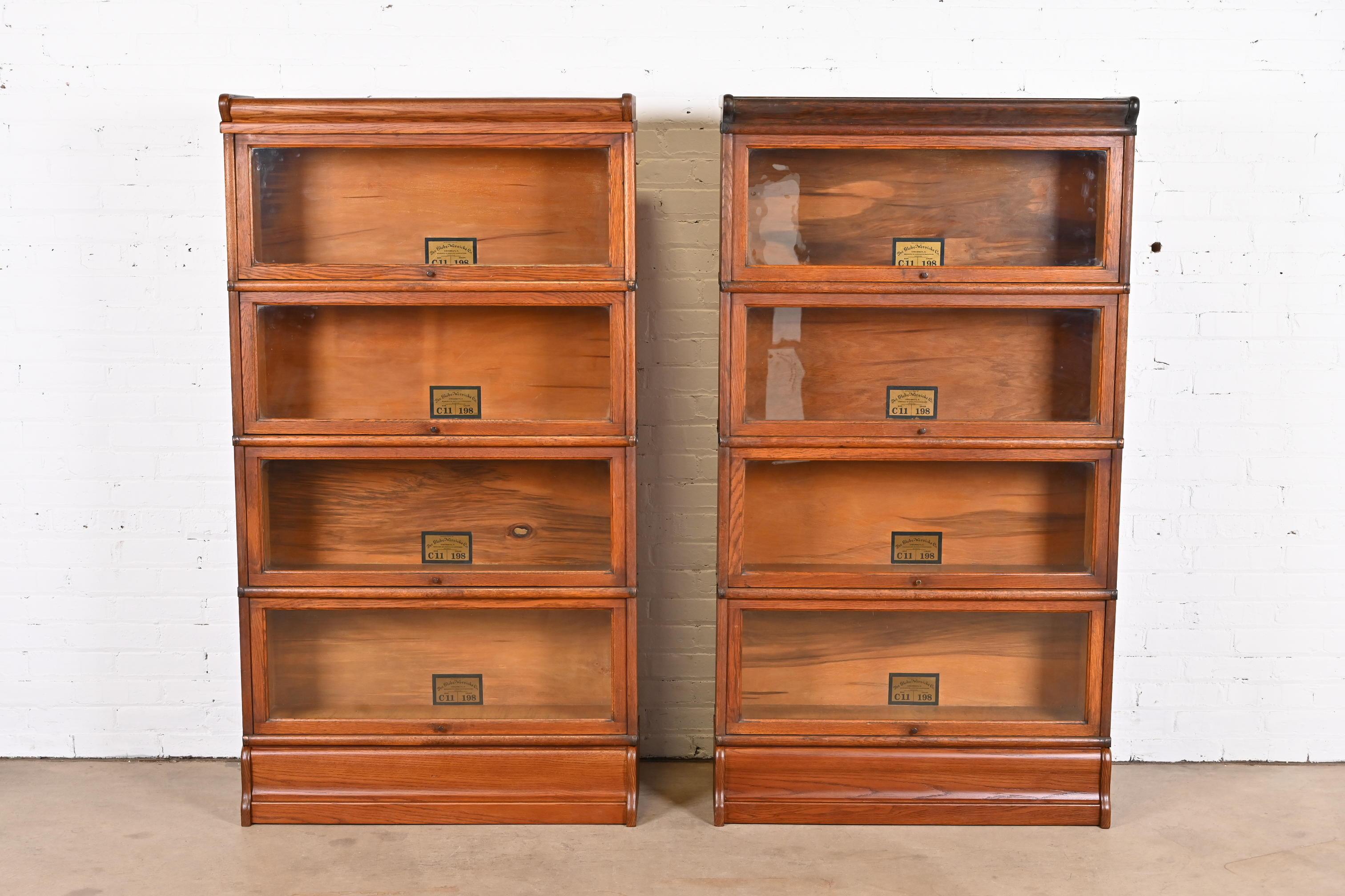 American Antique Globe Wernicke Arts & Crafts Oak Four-Stack Barrister Bookcases, Pair