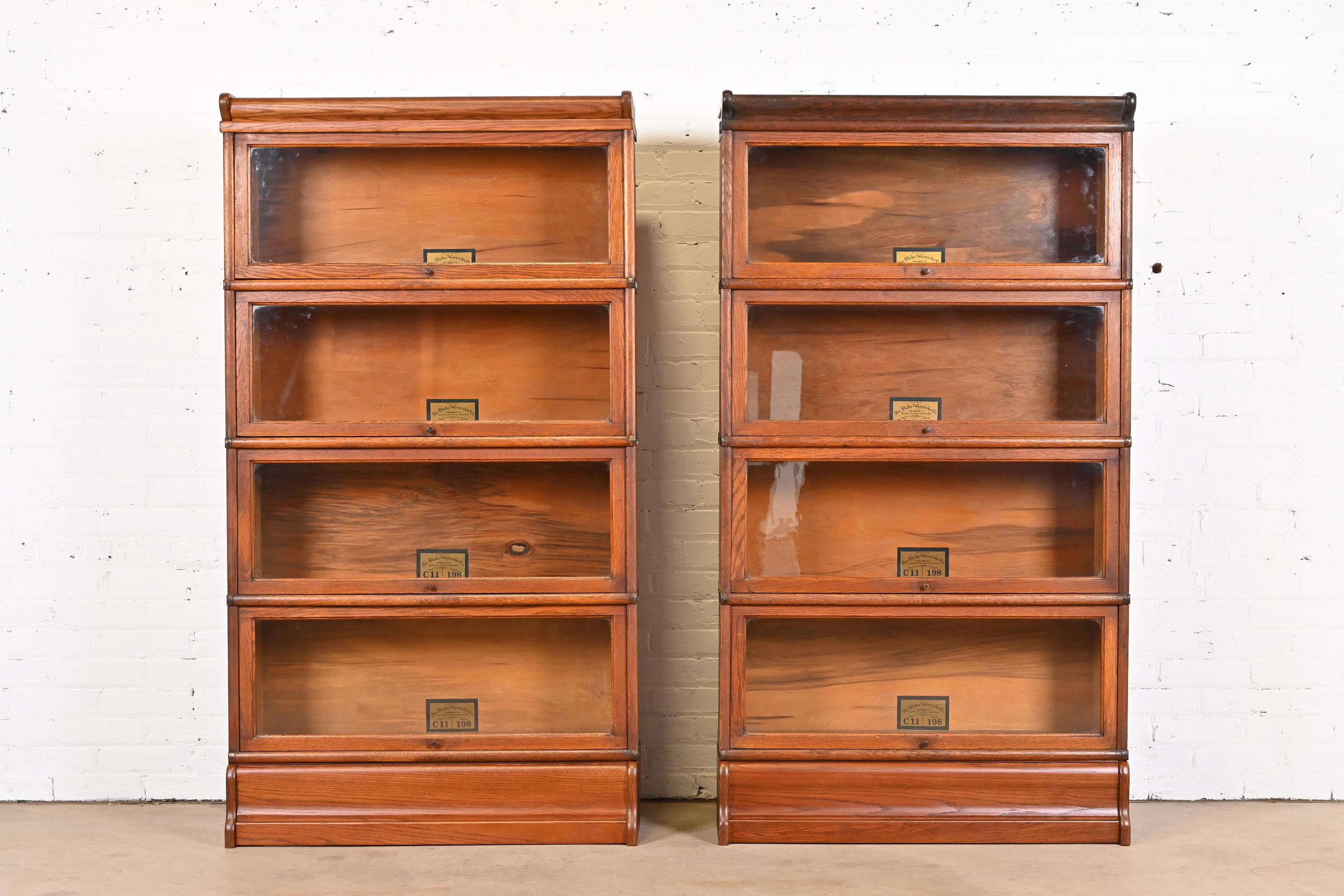 Antique Globe Wernicke Arts & Crafts Oak Four-Stack Barrister Bookcases, Pair In Good Condition In South Bend, IN