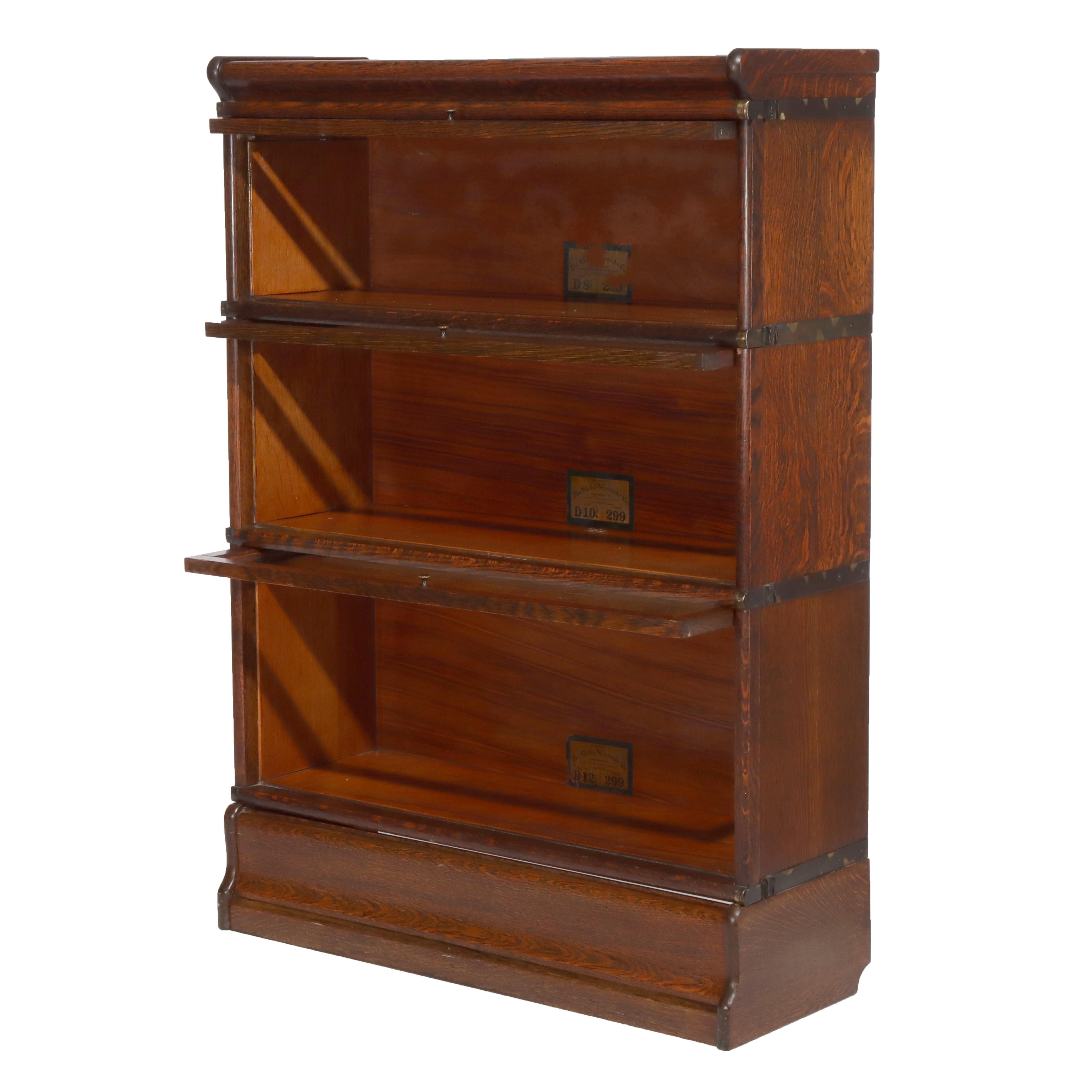 ***Reduced In-House Delivery Rates - Click on “Ask Seller” to Request a Quote***
Antique Globe Wernicke Arts & Crafts Oak Three Stack Barrister Bookcase C1920.    
Measures - 47.5