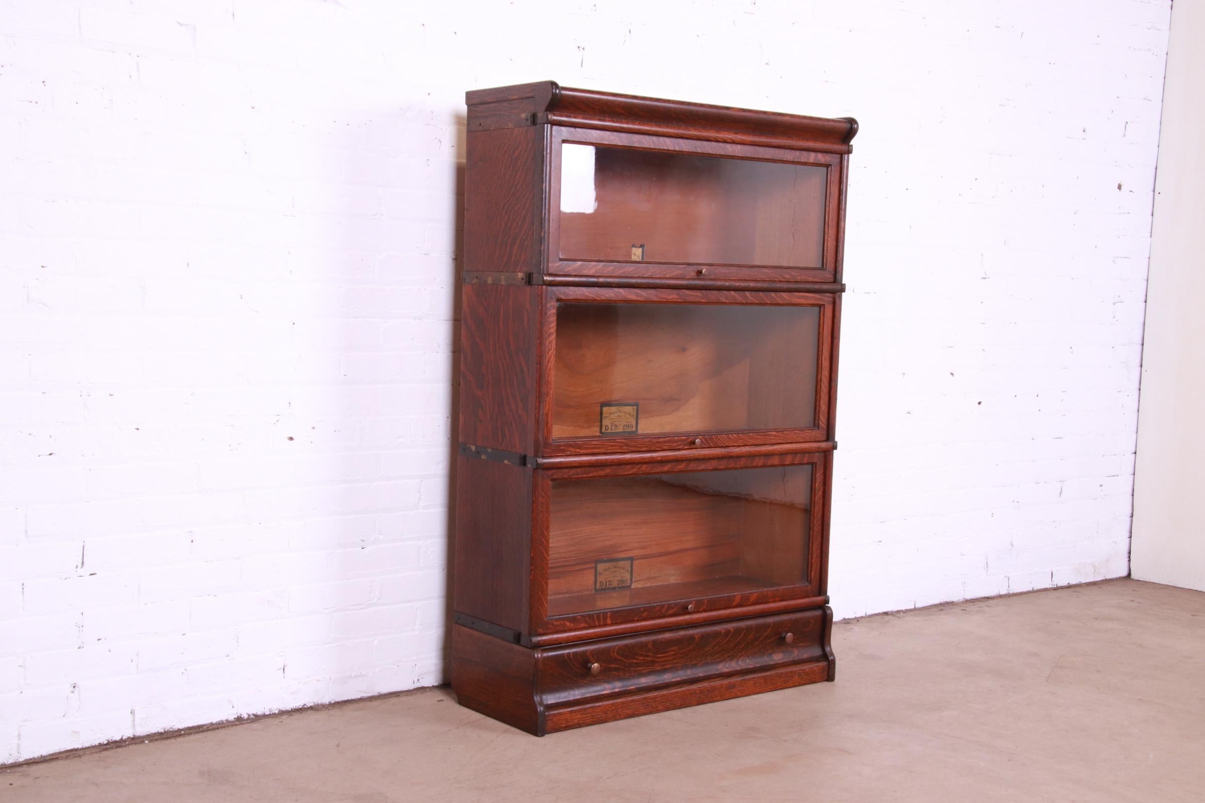 20th Century Antique Globe Wernicke Arts & Crafts Oak Three-Stack Barrister Bookcase
