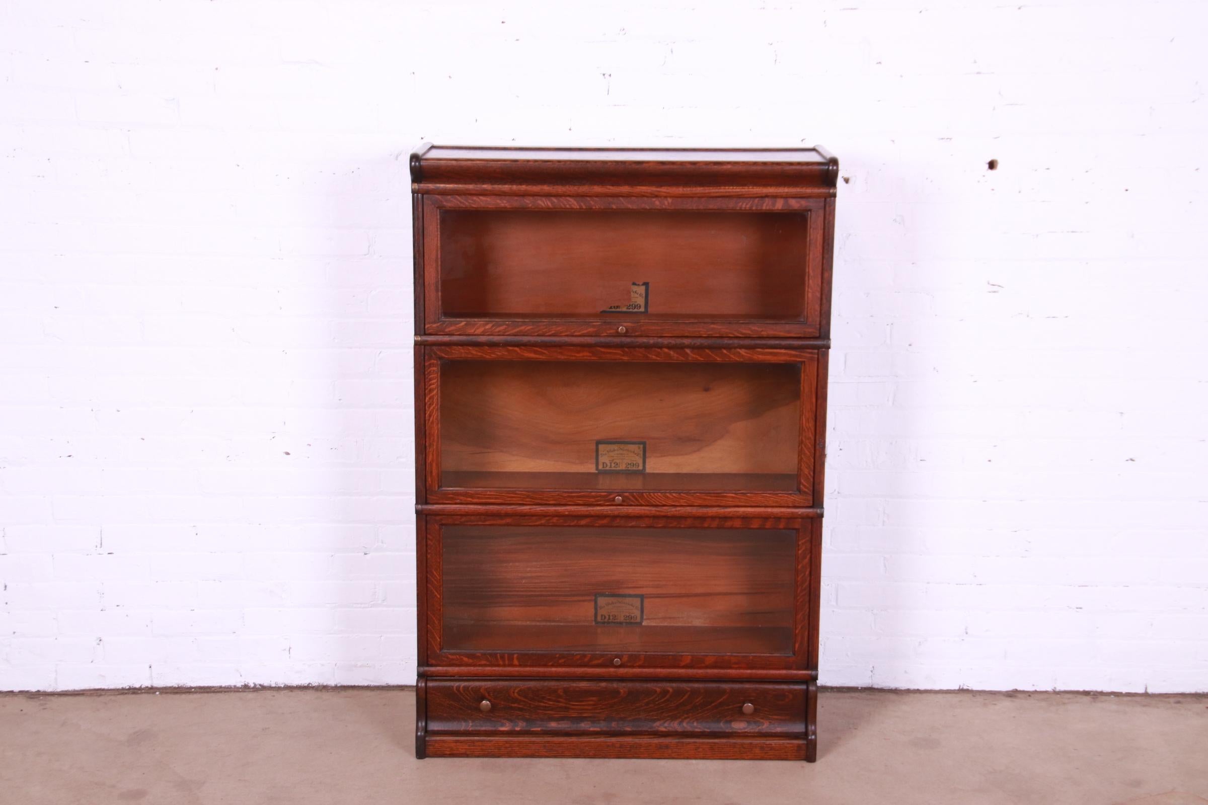 Brass Antique Globe Wernicke Arts & Crafts Oak Three-Stack Barrister Bookcase