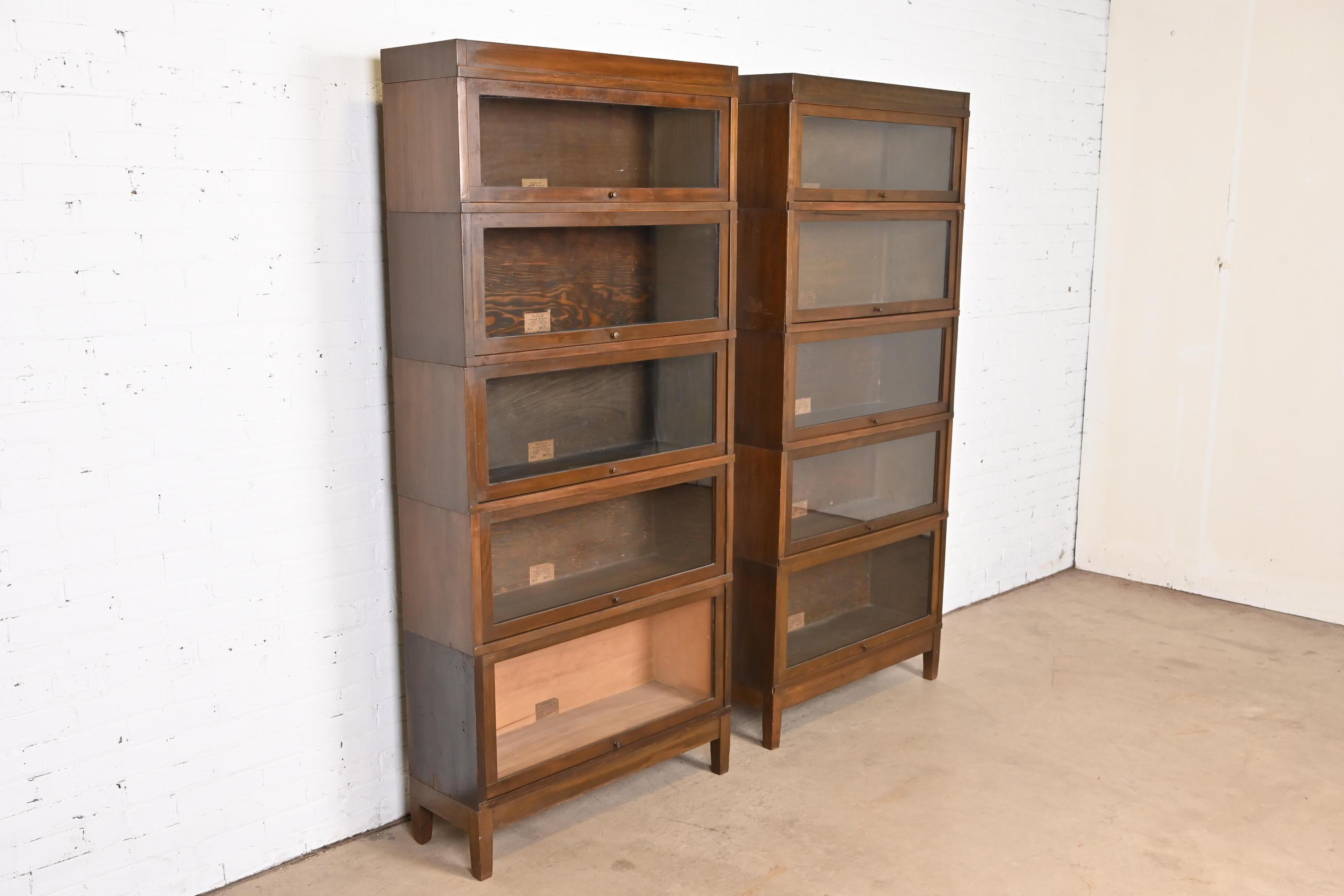 20th Century Antique Globe Wernicke Arts & Crafts Walnut Five-Stack Barrister Bookcases, Pair