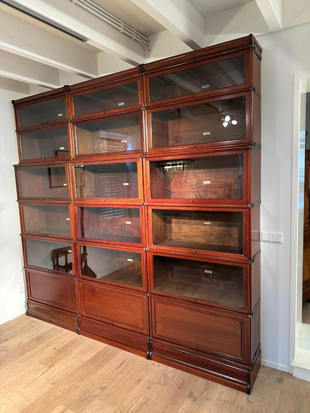 Impressionante libreria antica in mogano Globe Wernicke. In perfette condizioni. La libreria è composta da 18 elementi impilabili, con i 12 elementi inferiori più profondi (formato cartella). Questa profondità è unica in un'antica libreria Globe