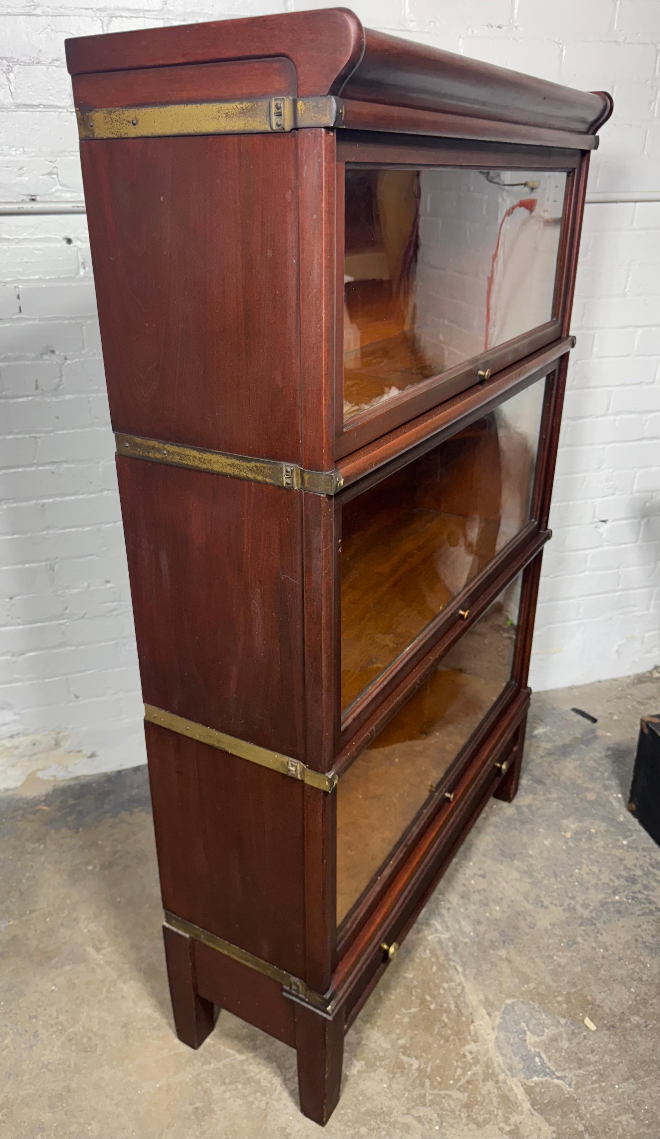 Industrial Antique Globe Wernicke Bookcase In Mahogany Of 3 Elements and Drawer For Sale