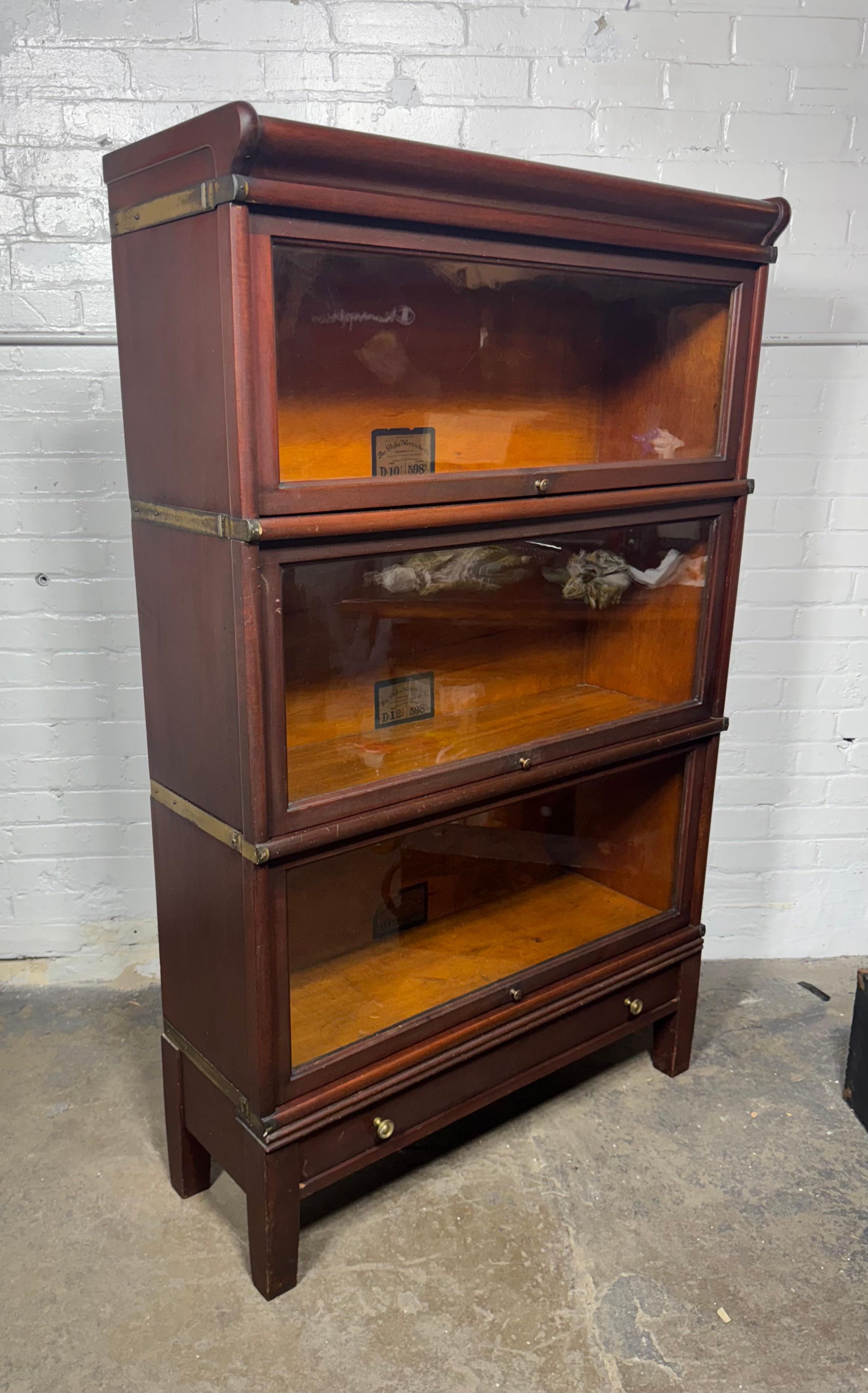 American Antique Globe Wernicke Bookcase In Mahogany Of 3 Elements and Drawer For Sale