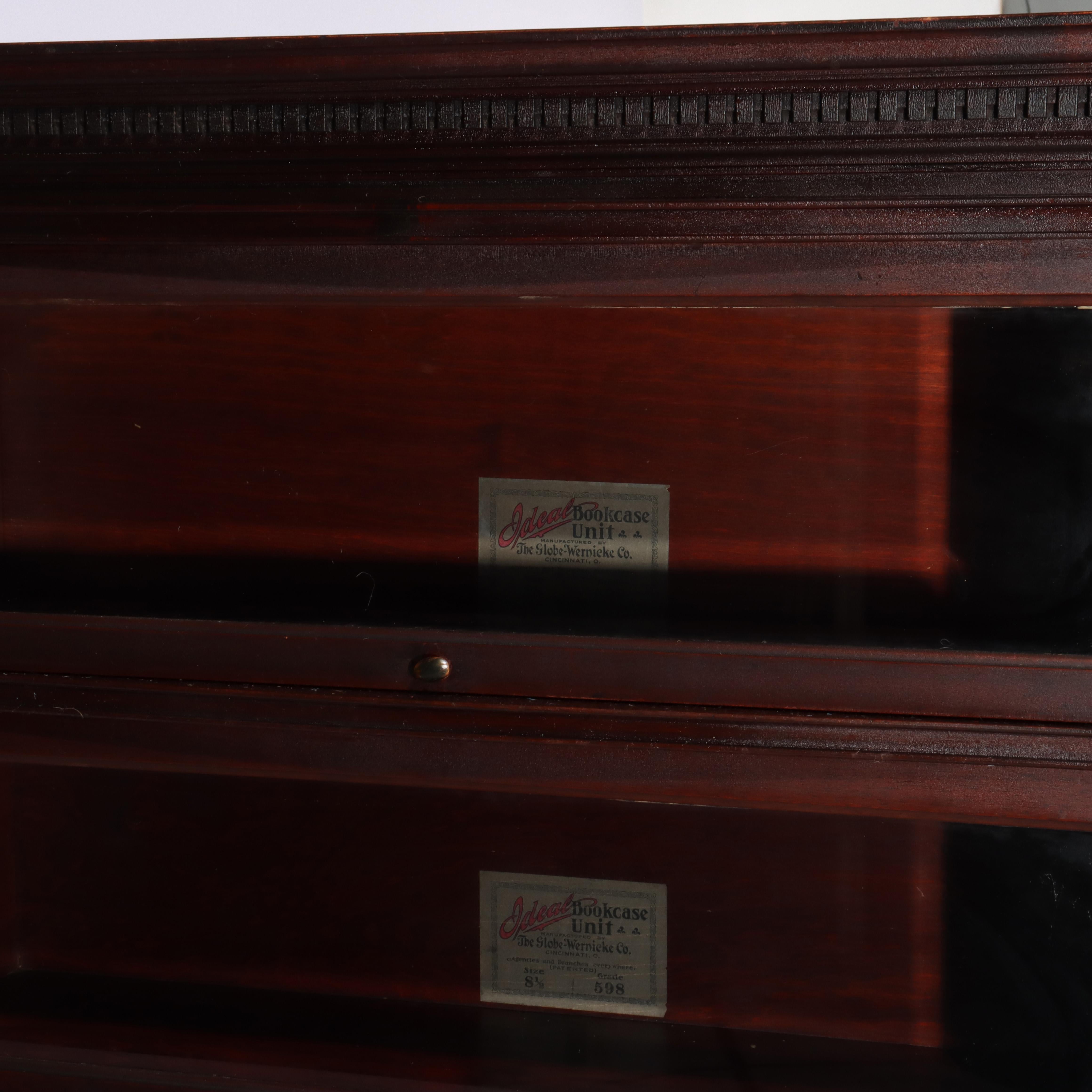 Antique Globe Wernicke Carved Mahogany Three Stack Barrister Bookcase C1920 In Good Condition For Sale In Big Flats, NY