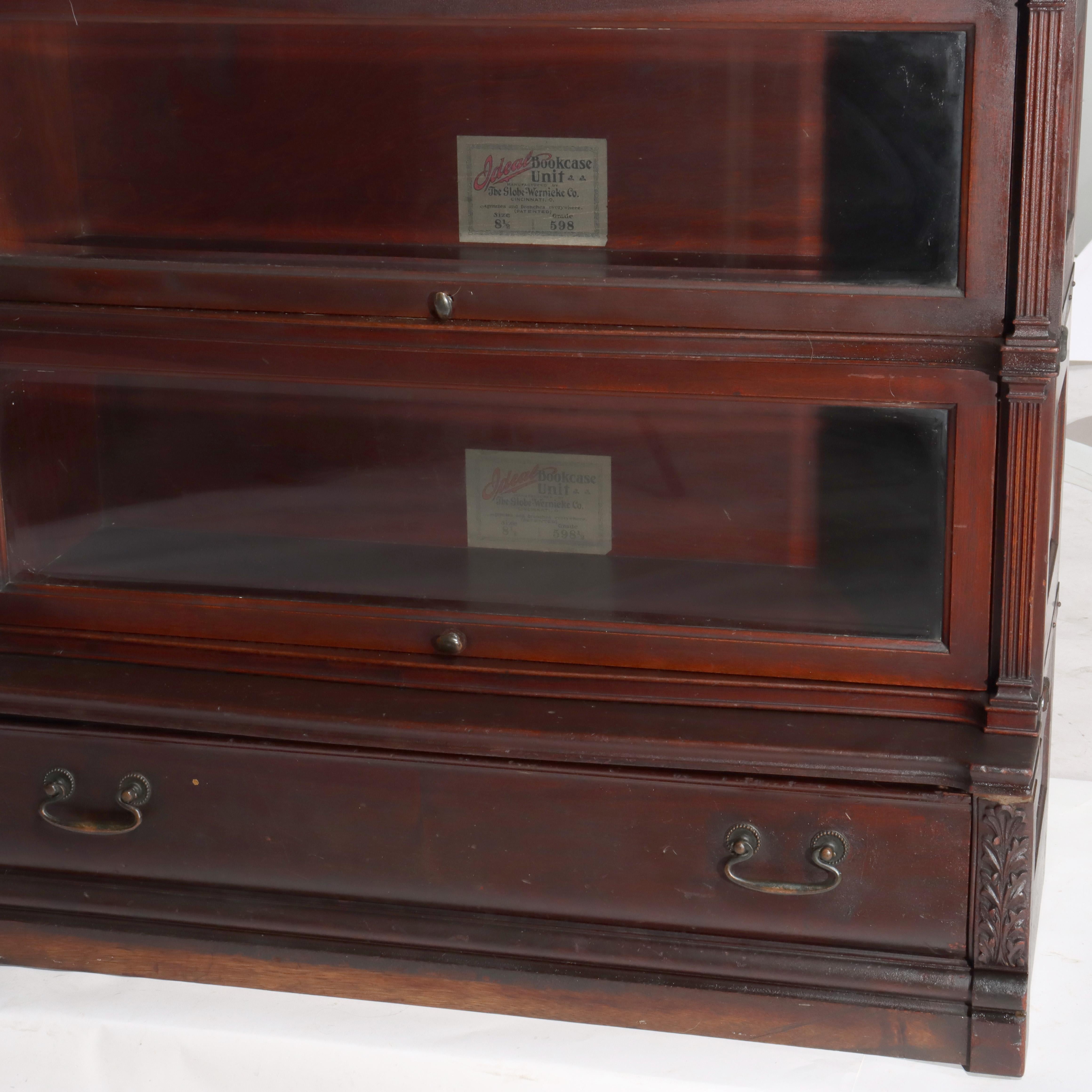 20th Century Antique Globe Wernicke Carved Mahogany Three Stack Barrister Bookcase C1920 For Sale