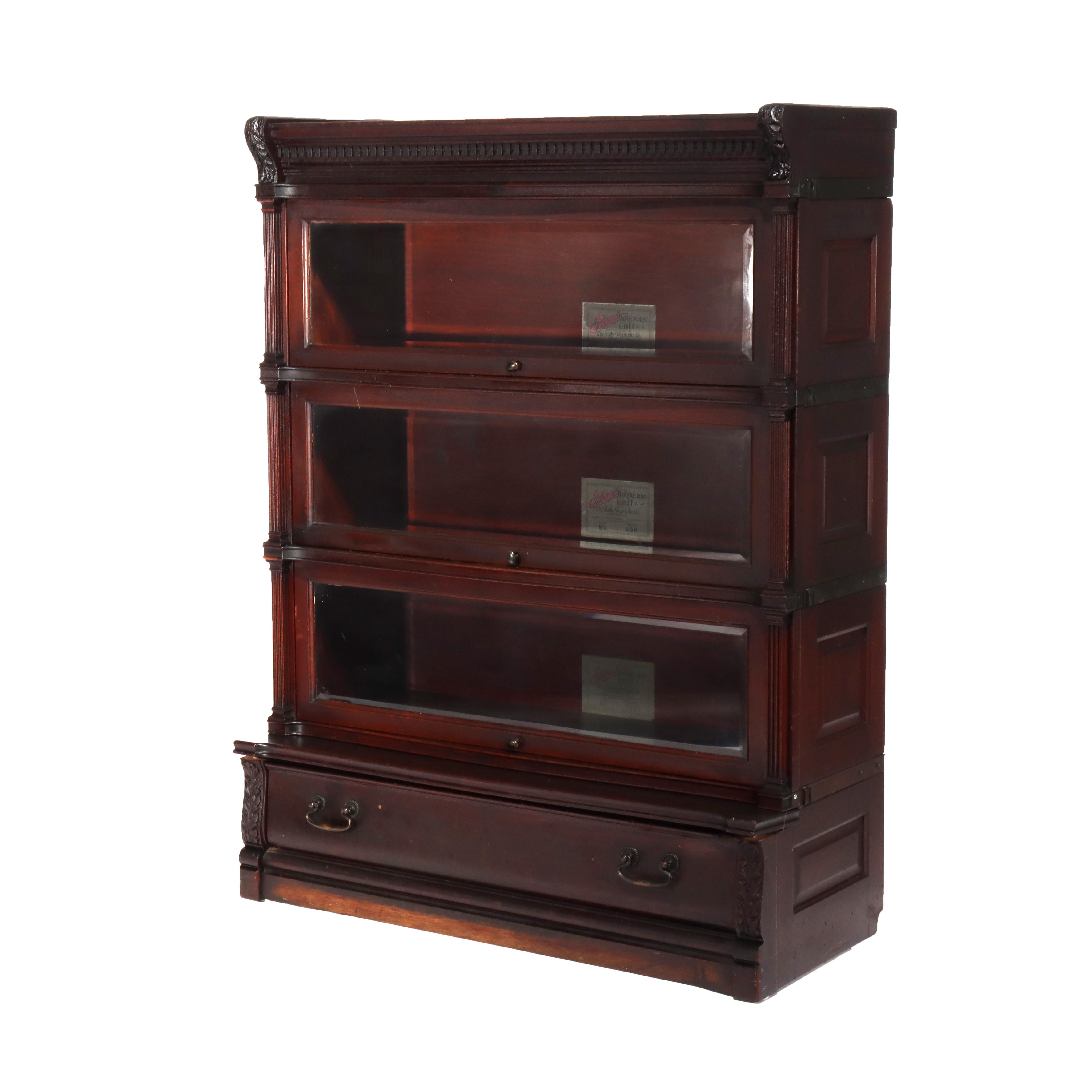 Antique Globe Wernicke Carved Mahogany Three Stack Barrister Bookcase C1920 For Sale 1
