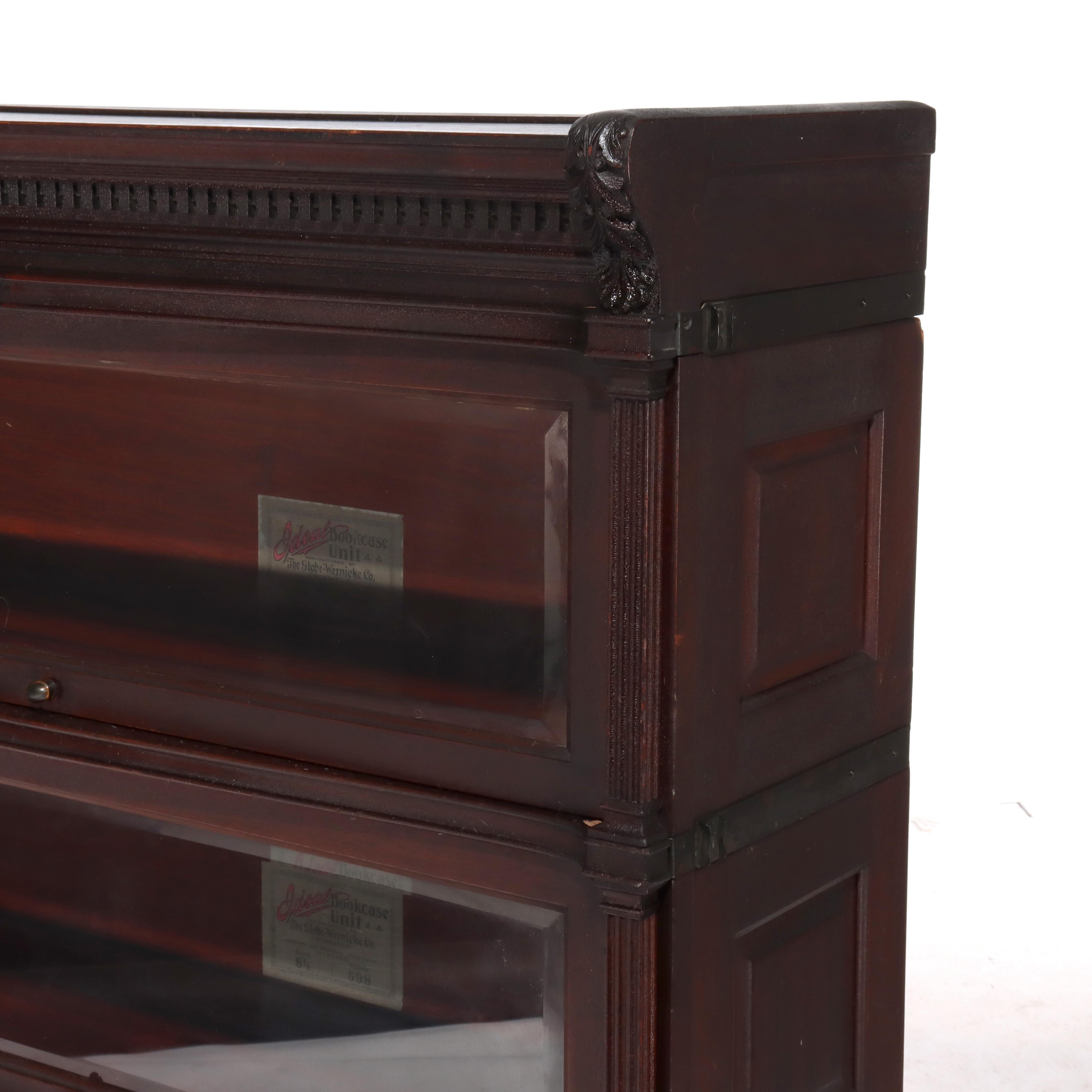 Antique Globe Wernicke Carved Mahogany Three Stack Barrister Bookcase C1920 For Sale 3