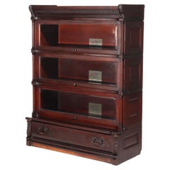 Antique Globe Wernicke Carved Mahogany Three Stack Barrister Bookcase C1920