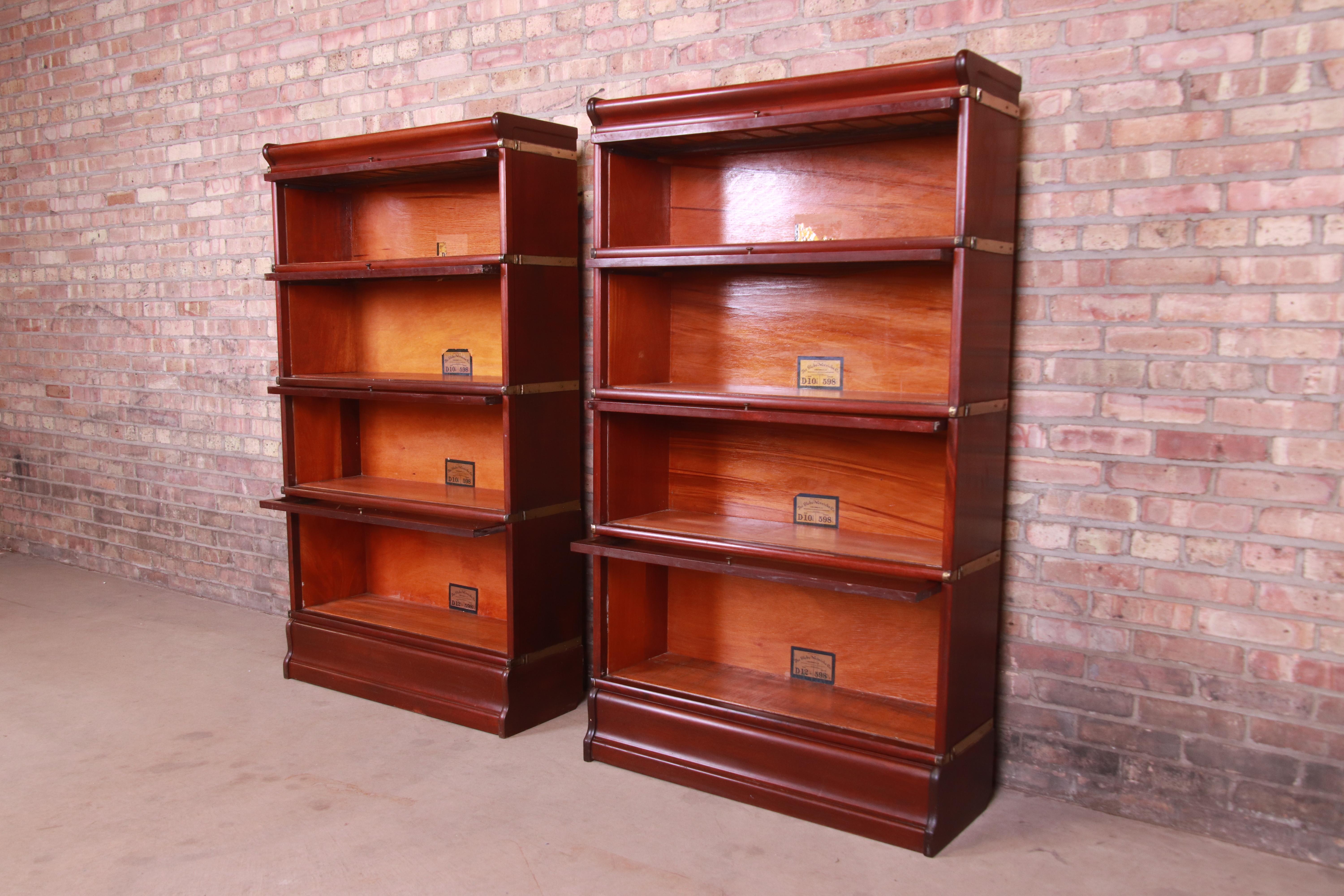 Arts and Crafts Antique Globe Wernicke Mahogany Barrister Bookcases with Leaded Glass Doors