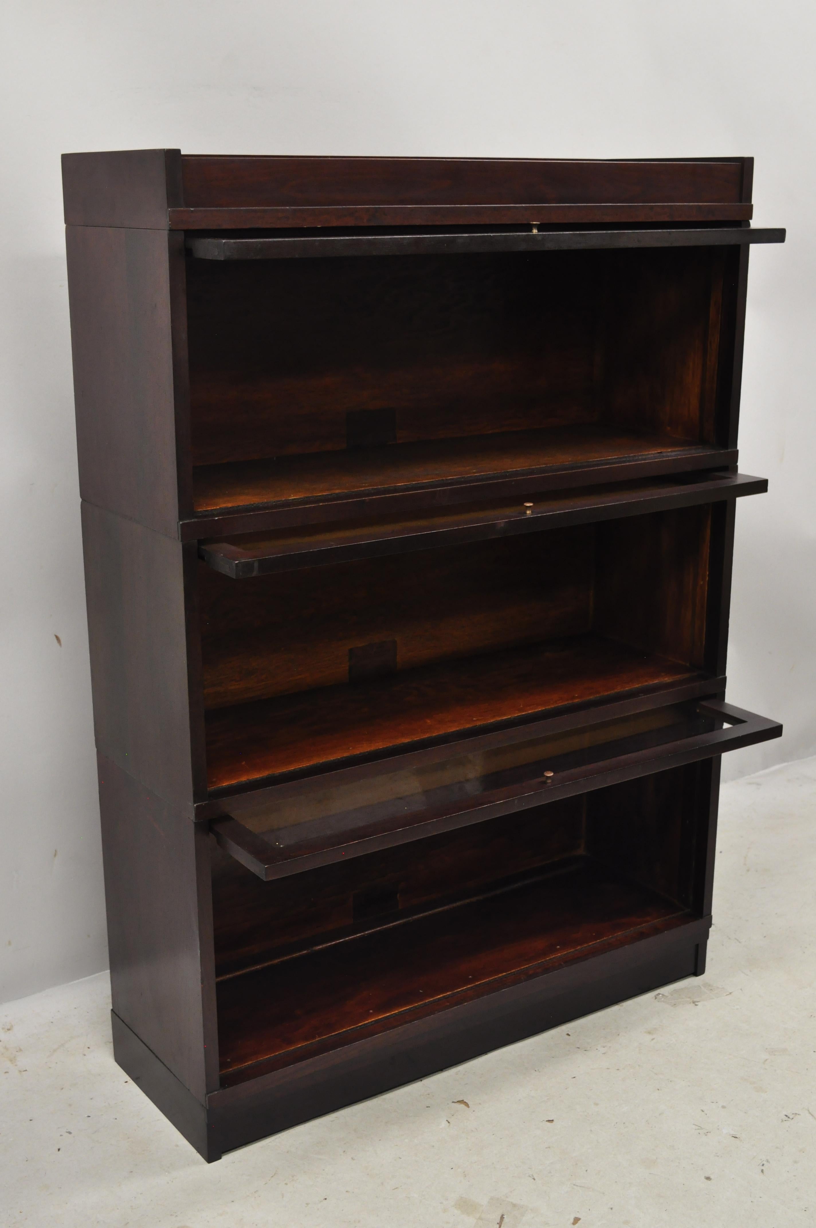 Mission Antique Globe Wernicke Mahogany Stacking 3 Section Barrister Lawyers Bookcase