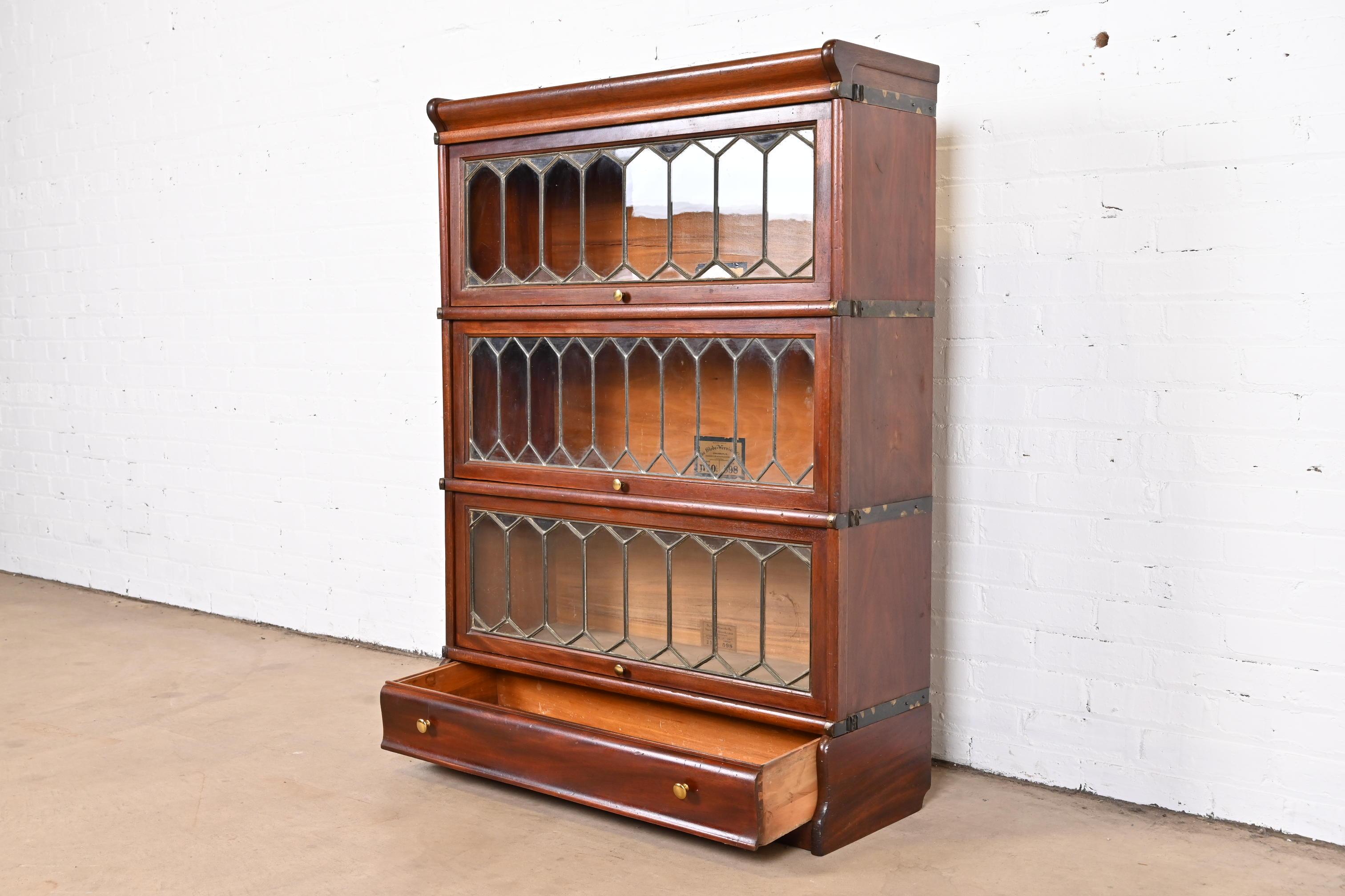 Antique Globe Wernicke Mahogany Three-Stack Barrister Bookcase with Leaded Glass 3