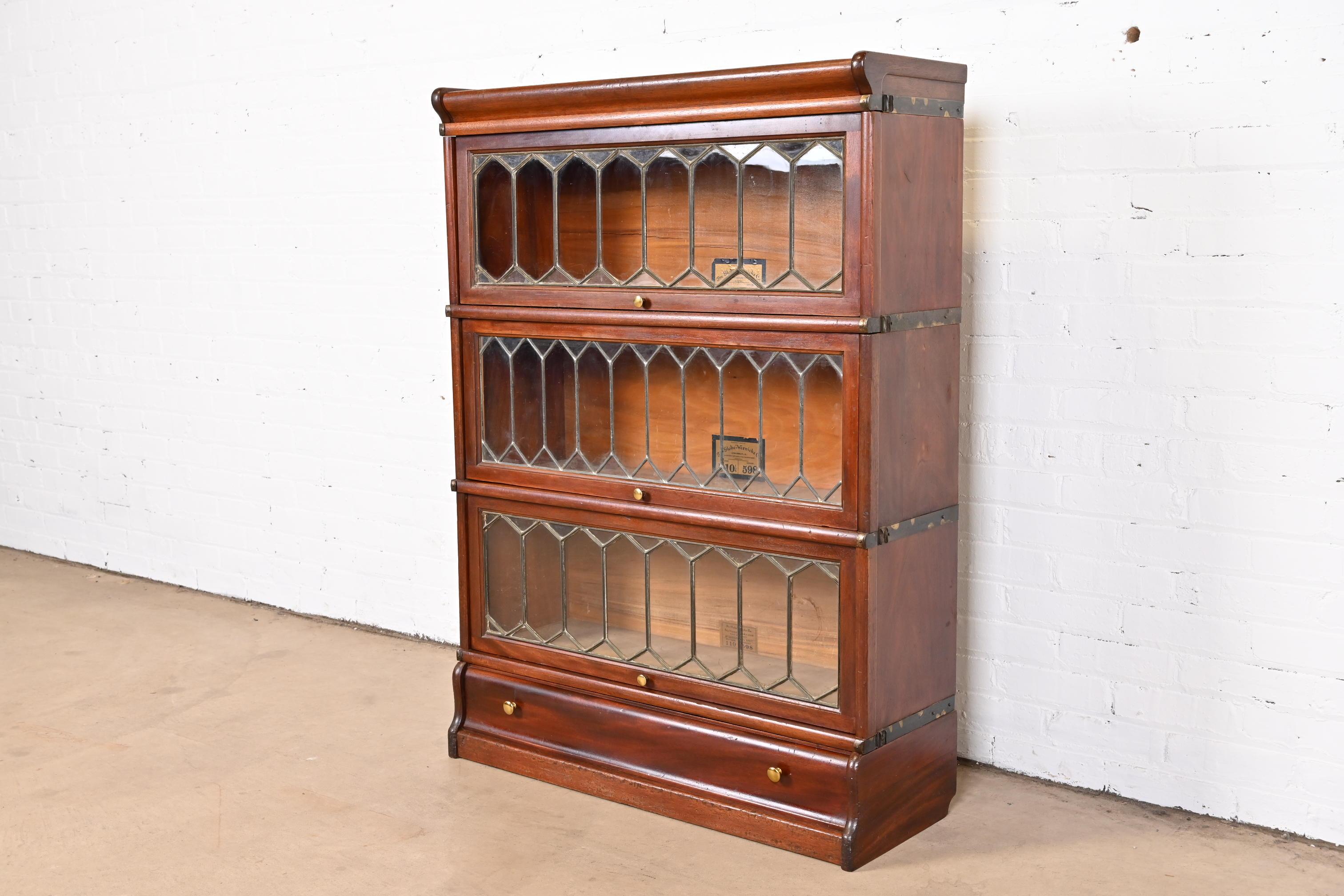 Arts and Crafts Antique Globe Wernicke Mahogany Three-Stack Barrister Bookcase with Leaded Glass