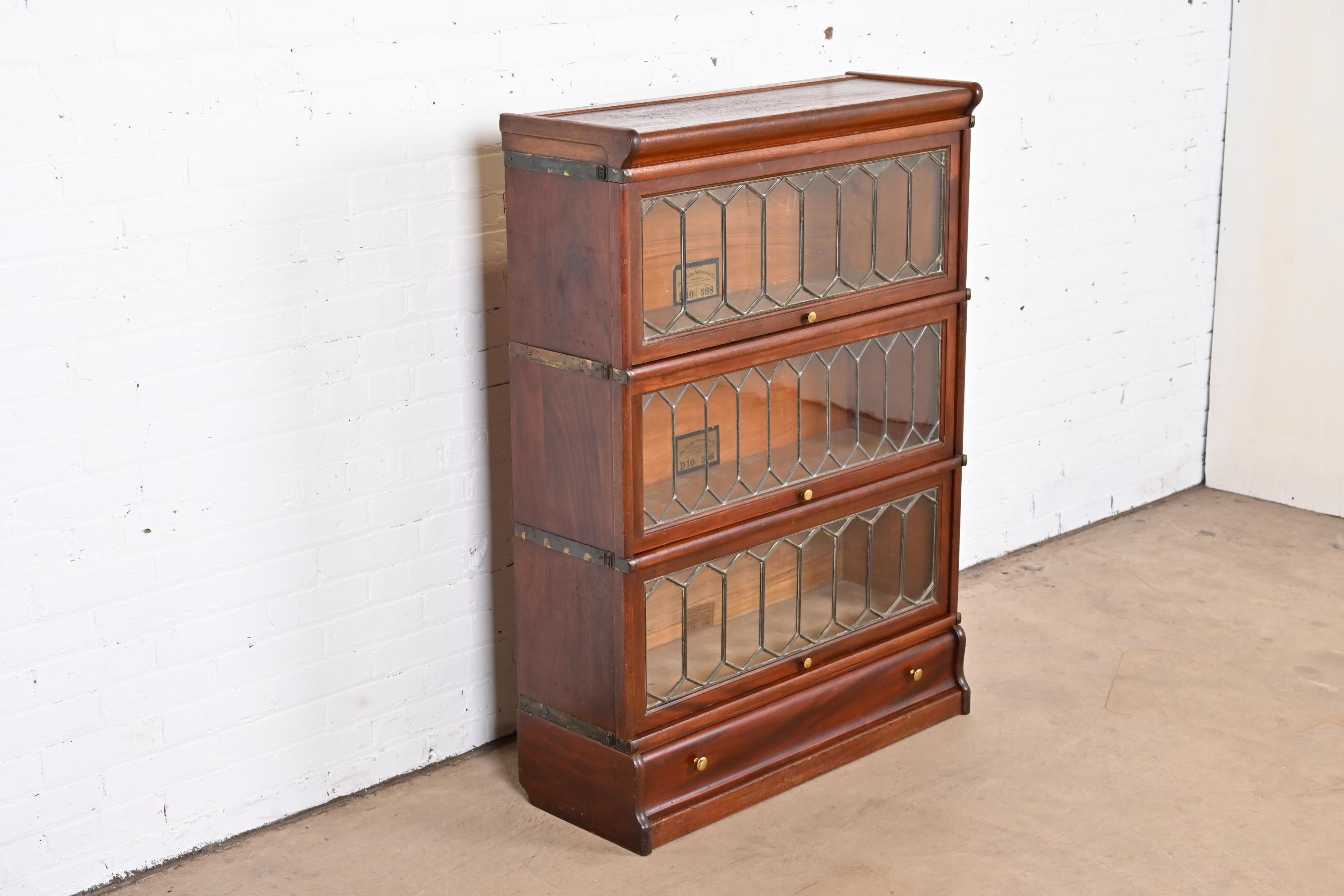 American Antique Globe Wernicke Mahogany Three-Stack Barrister Bookcase with Leaded Glass