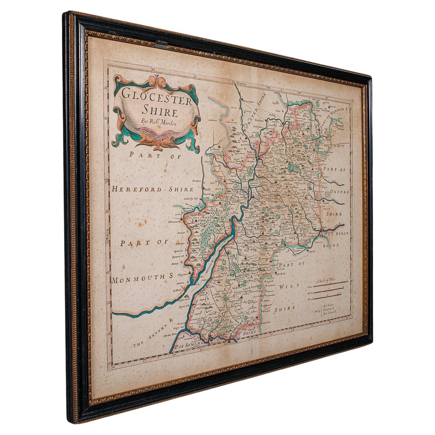 Mapa antiguo de Gloucestershire, Inglés, Cartografía enmarcada, Robert Morden, C.1700 en venta