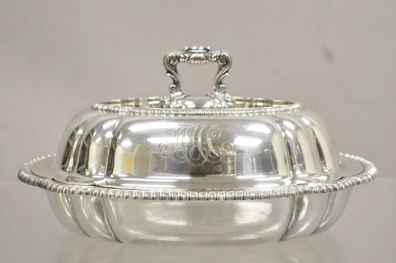 Antike GM Co. Viktorianische versilberte gedeckte Gemüseschale mit unleserlichem Monogramm. CIRCA Anfang des 20. Jahrhunderts. Abmessungen: 5