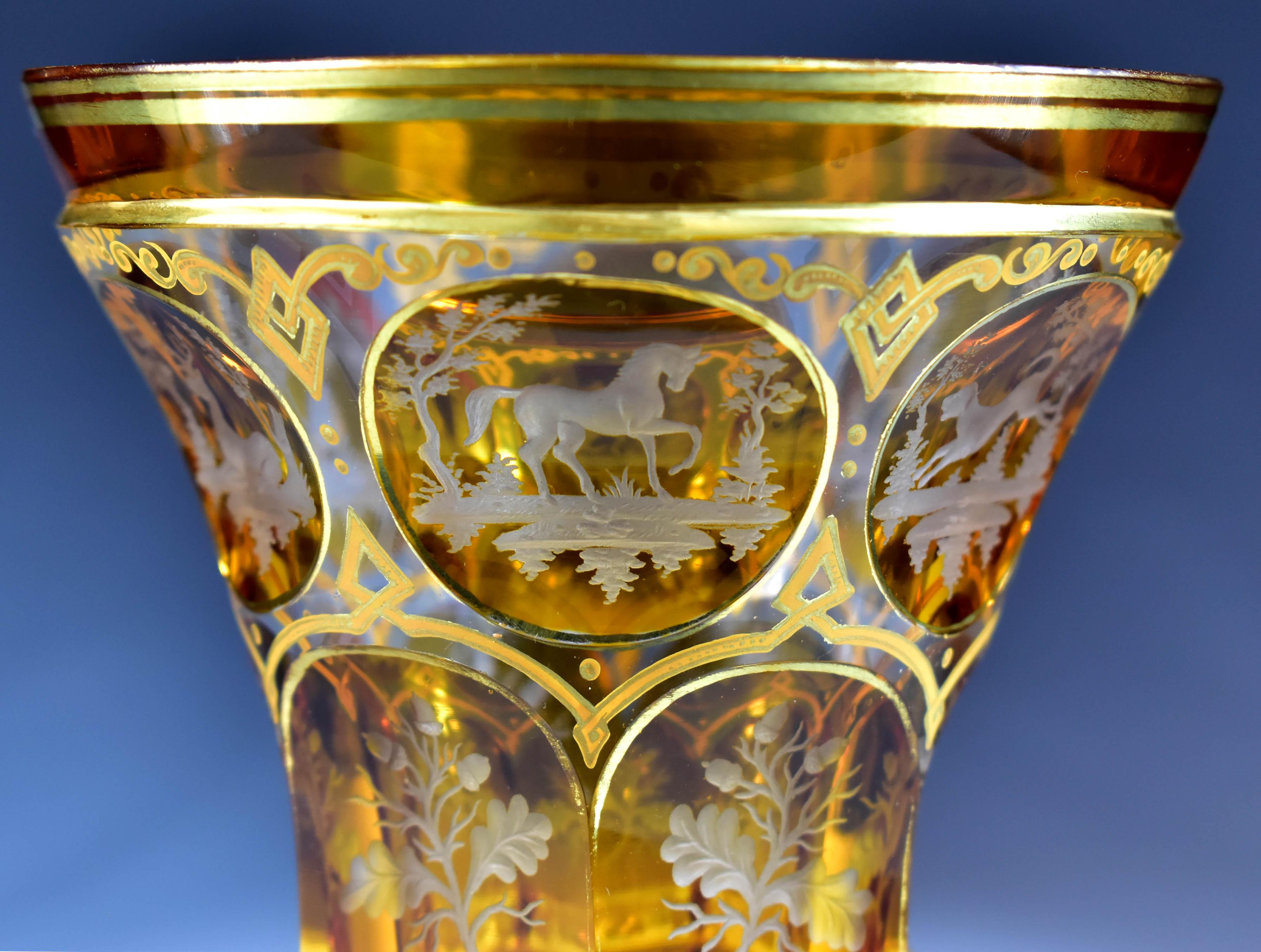 Antique Goblet - Amber Lazure - Hunting motifs – Bohemian Glass 19th century 6