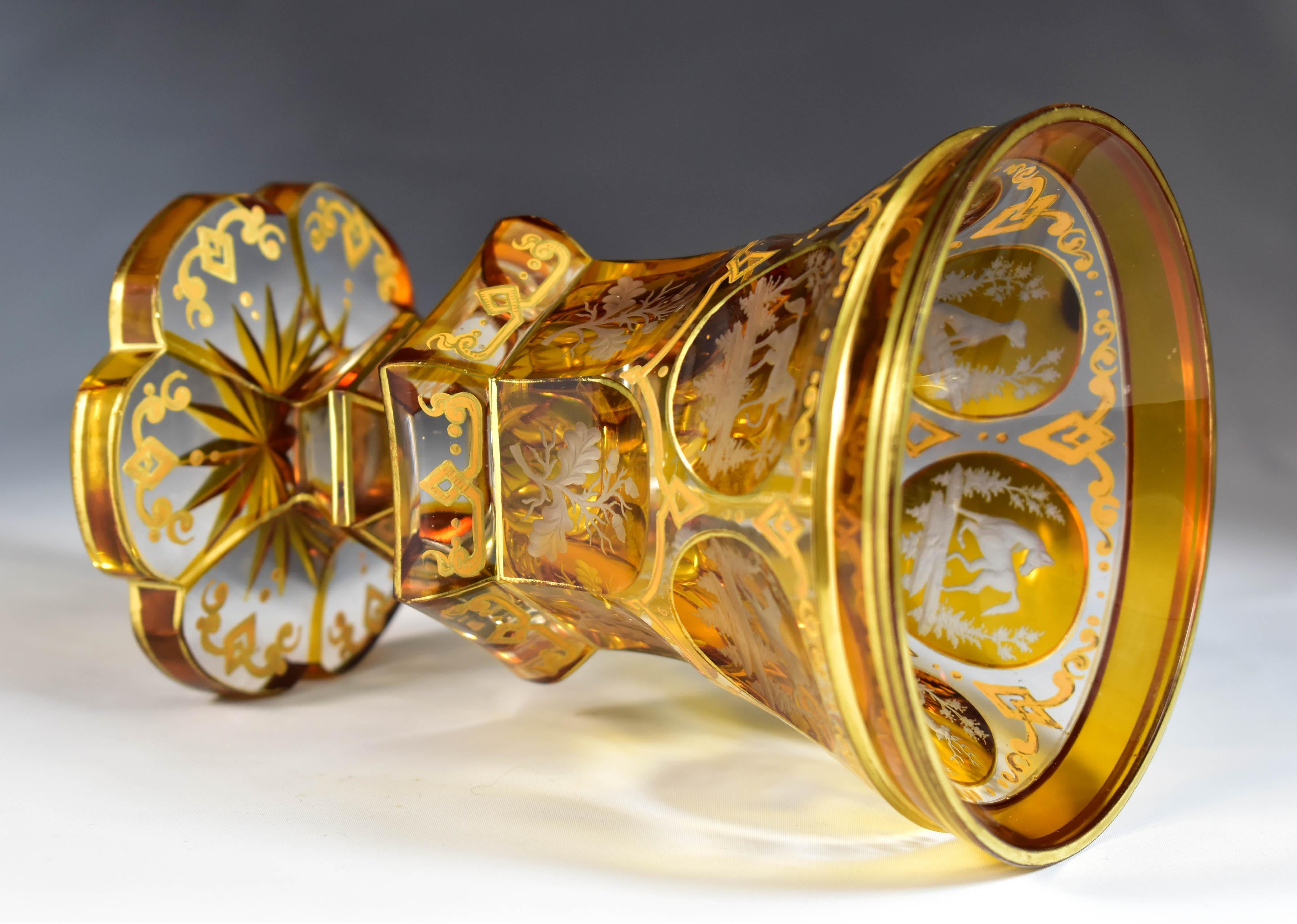 Antique Goblet - Amber Lazure - Hunting motifs – Bohemian Glass 19th century 14