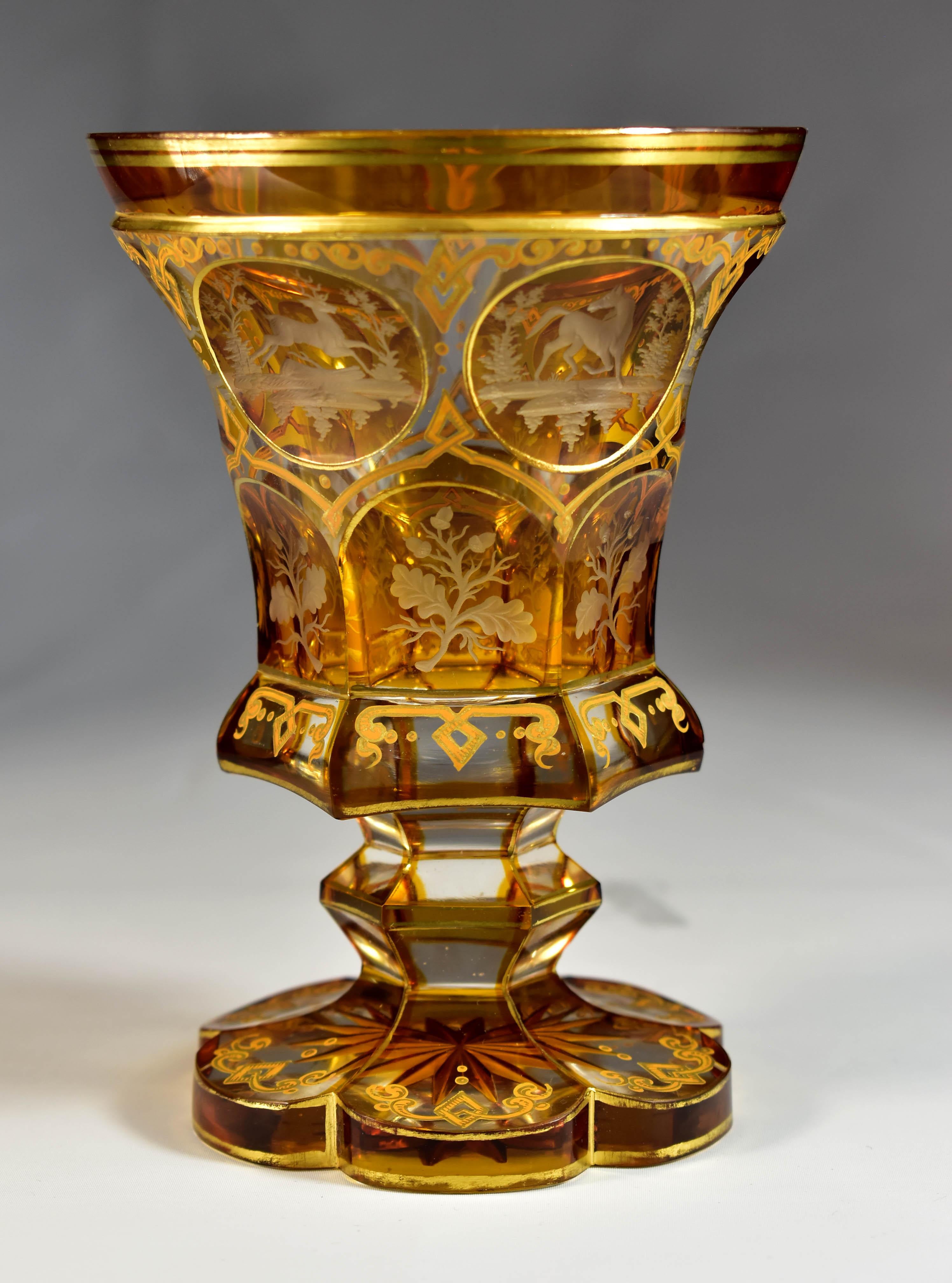 Hand-Crafted Antique Goblet - Amber Lazure - Hunting motifs – Bohemian Glass 19th century