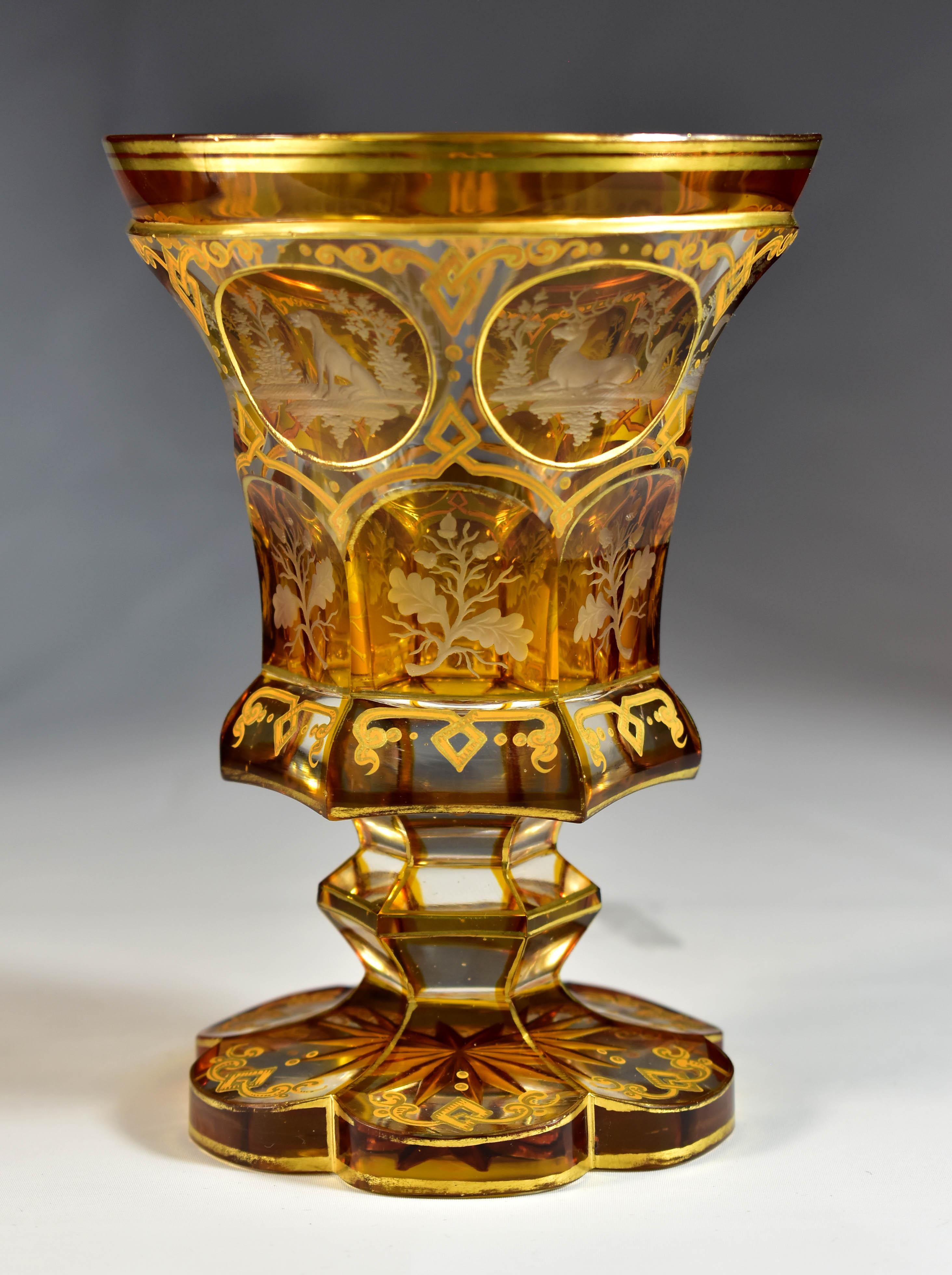 Antique Goblet - Amber Lazure - Hunting motifs – Bohemian Glass 19th century In Good Condition In Nový Bor, CZ
