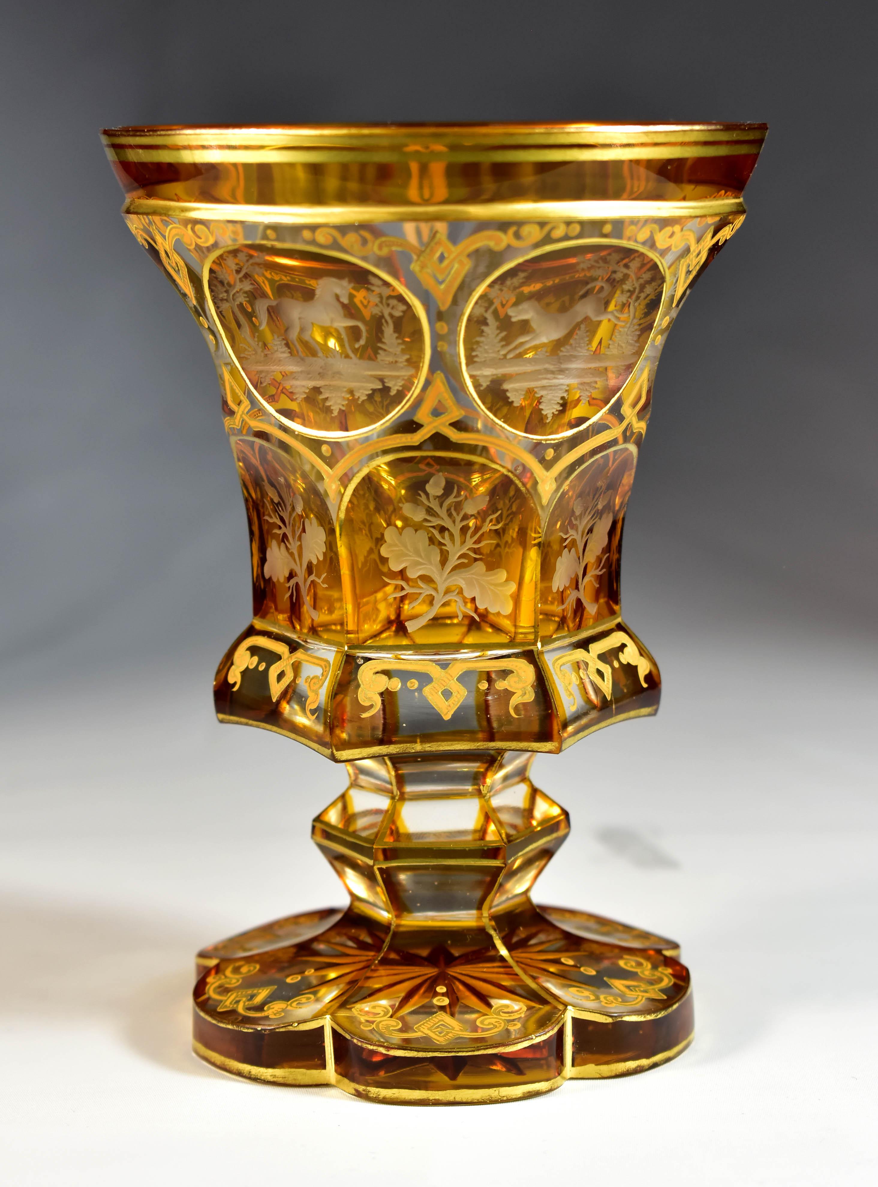 19th Century Antique Goblet - Amber Lazure - Hunting motifs – Bohemian Glass 19th century