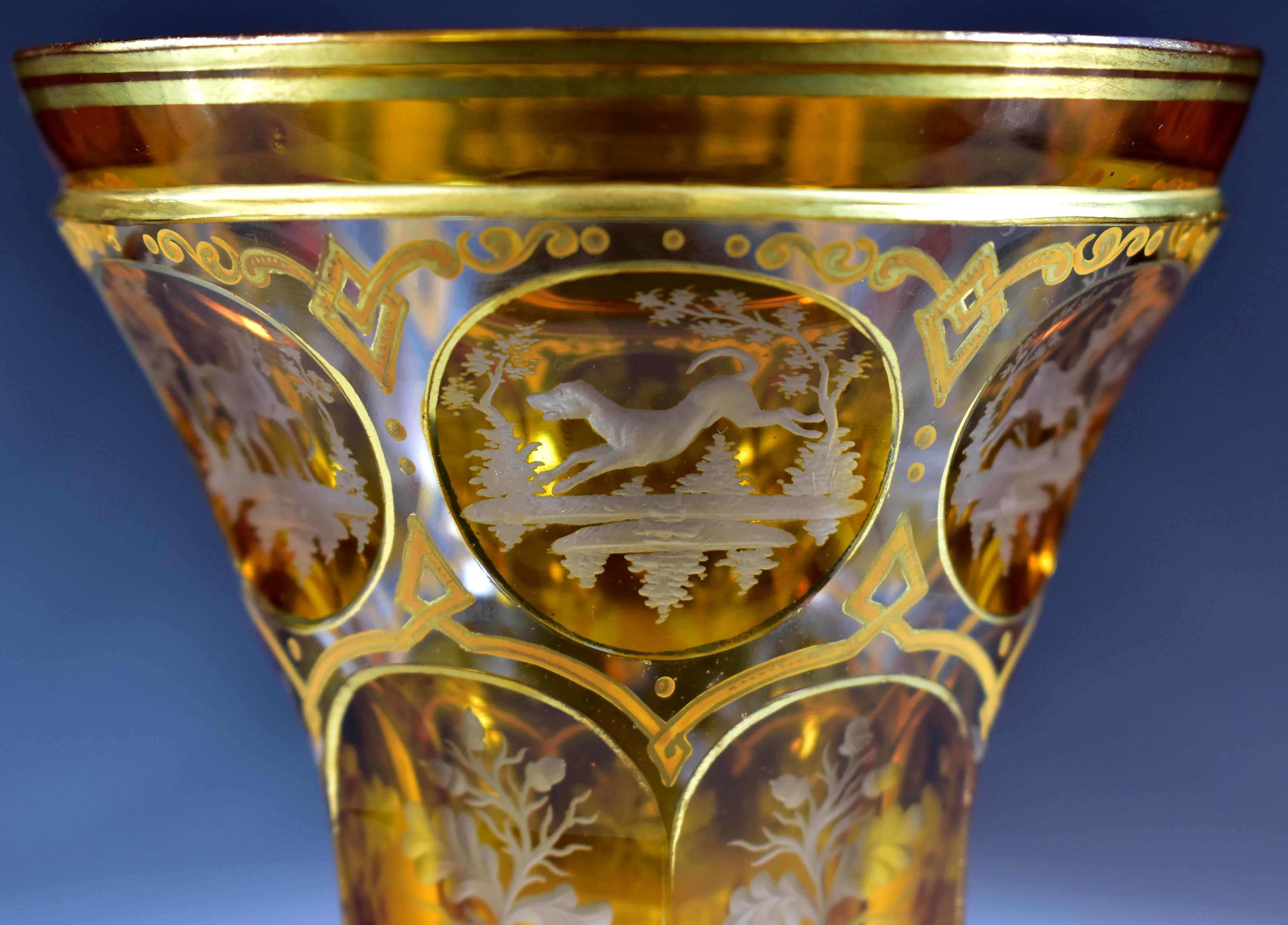 Antique Goblet - Amber Lazure - Hunting motifs – Bohemian Glass 19th century 1