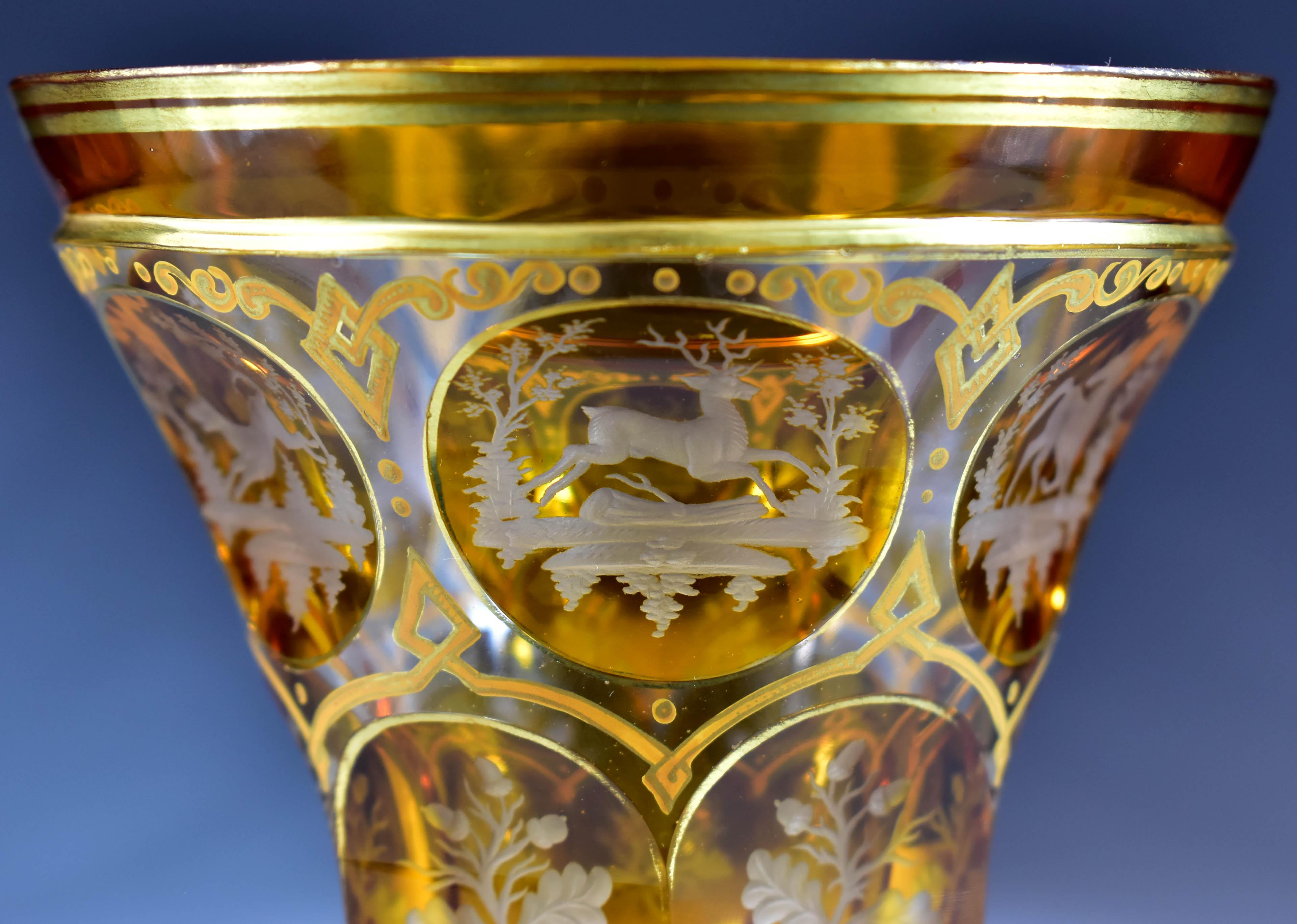 Antique Goblet - Amber Lazure - Hunting motifs – Bohemian Glass 19th century 2